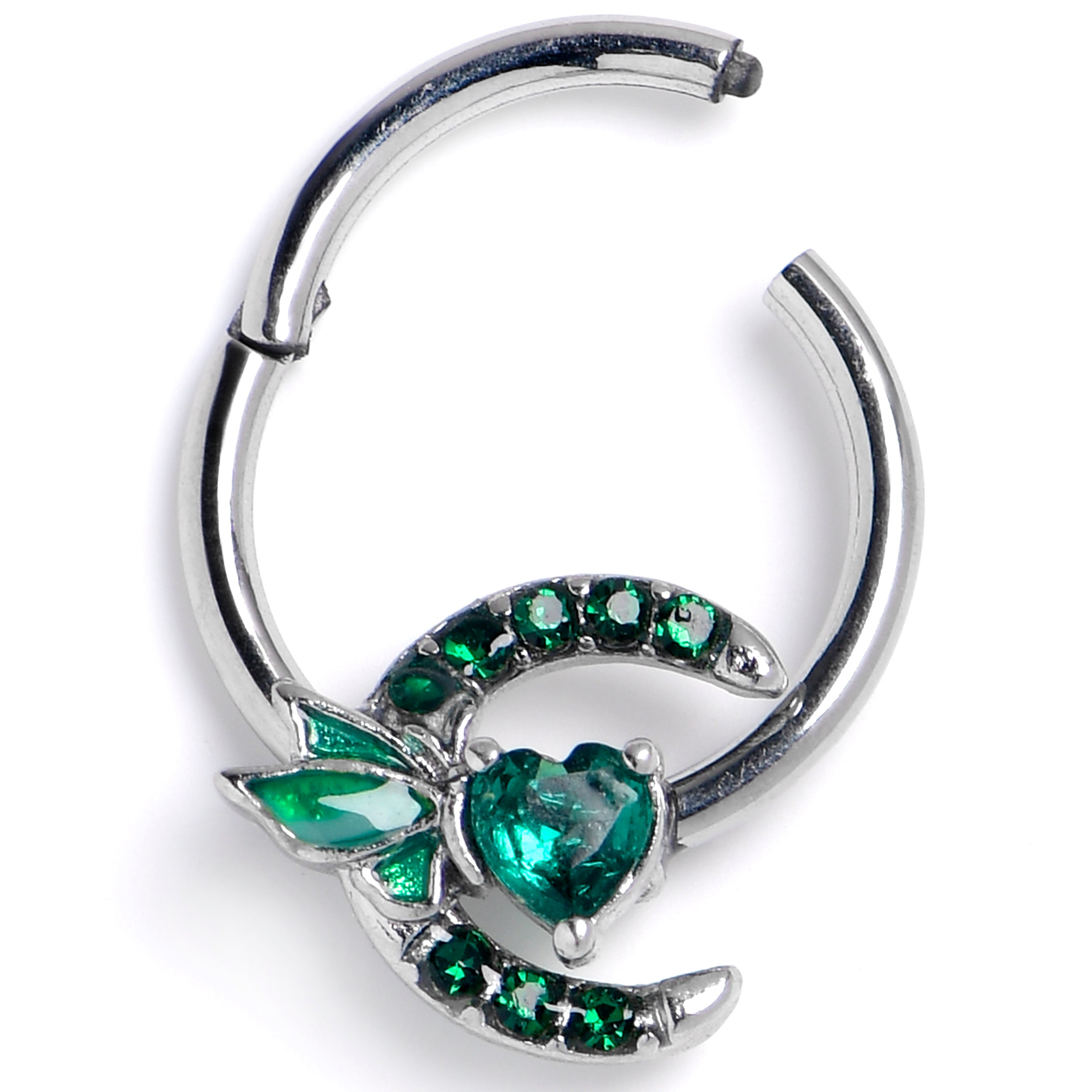 16G 3/8 Green Gem Butterfly Heart Moon Hinged Segment Ring