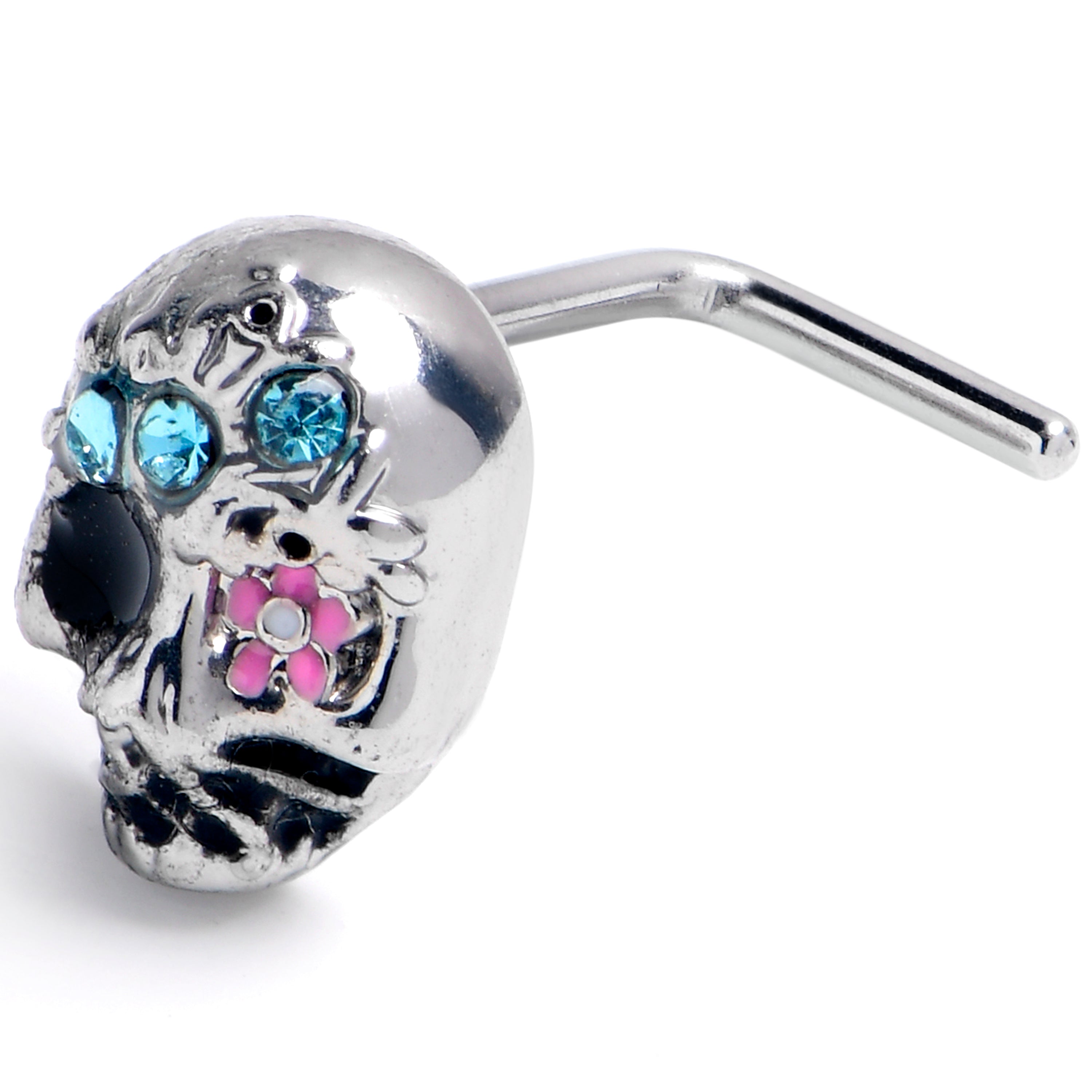 20G 7mm Blue Gem Stylish Skull L Shape Nose Ring