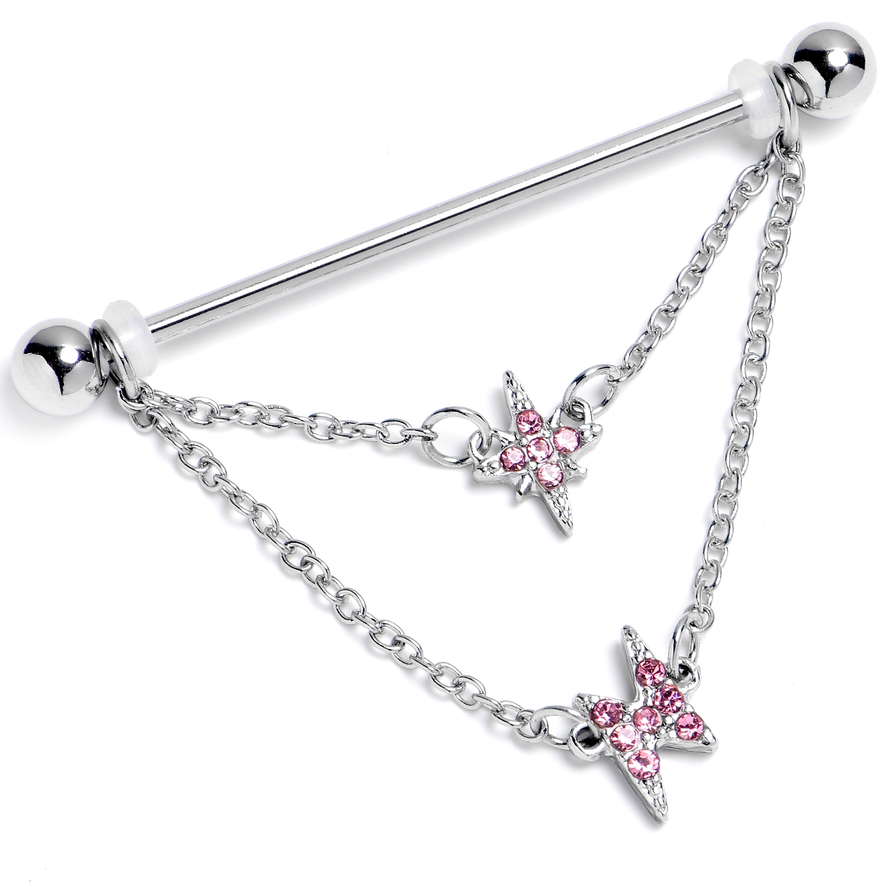14G Pink Gem Starry Lightning Chain Dangle Industrial Barbell 38mm