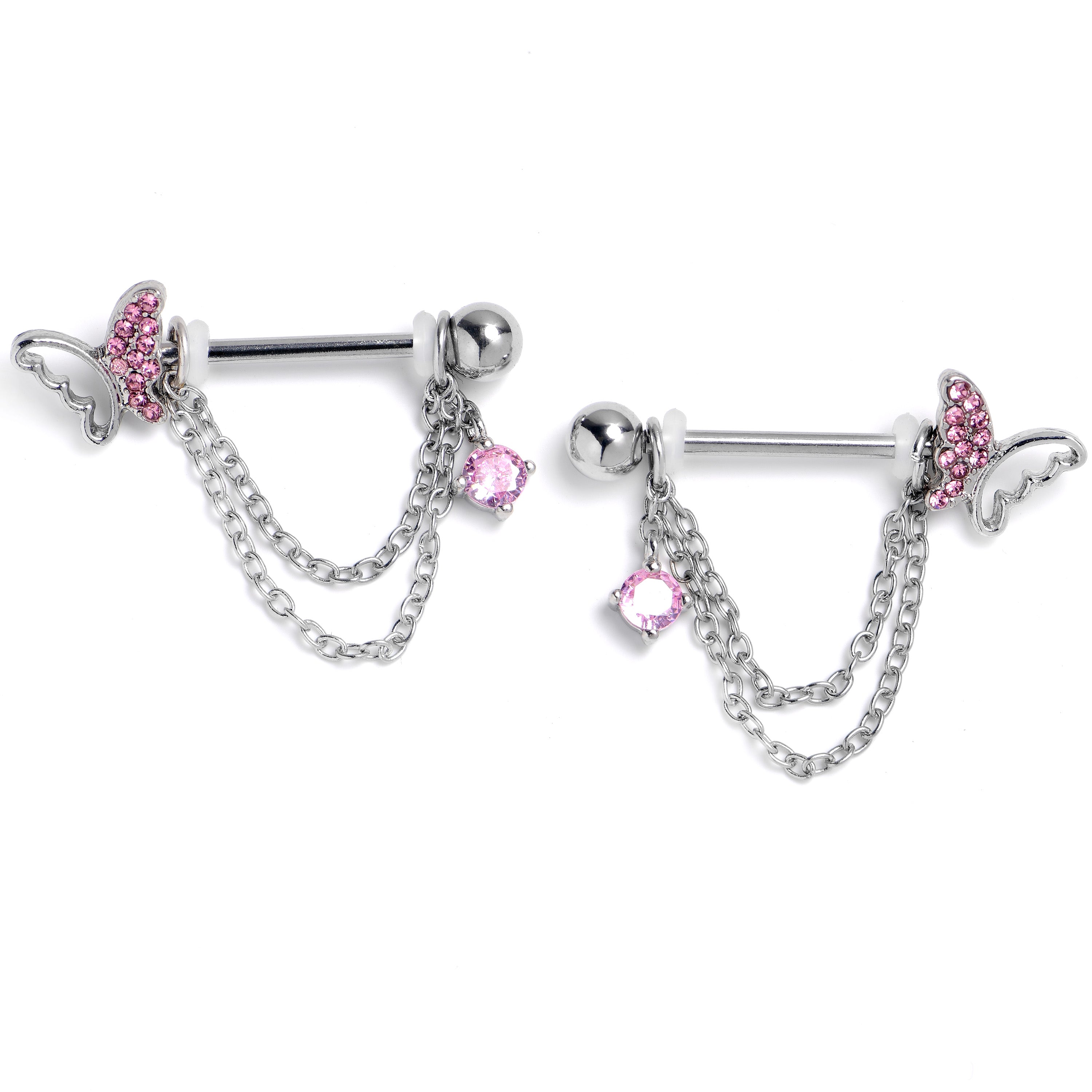 14G 9/16 Pink Gem Butterfly White Dangle Nipple Ring Set
