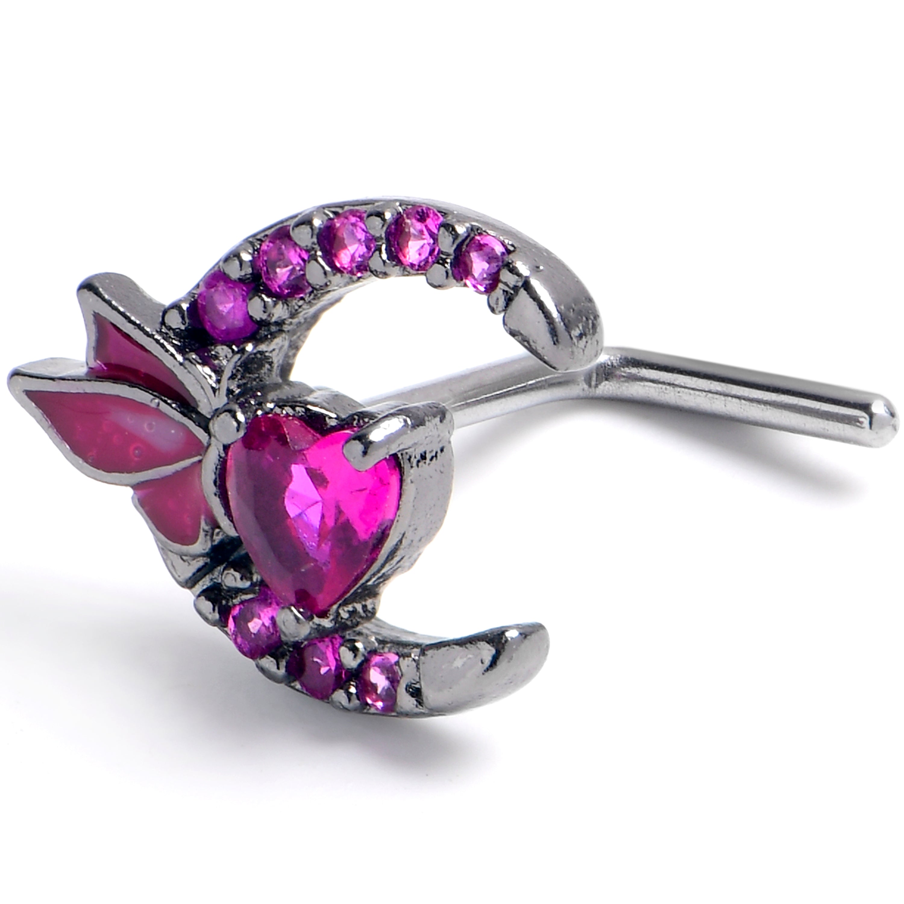 20G 7mm Pink CZ Gem Black Butterfly Heart Moon L Shape Nose Ring