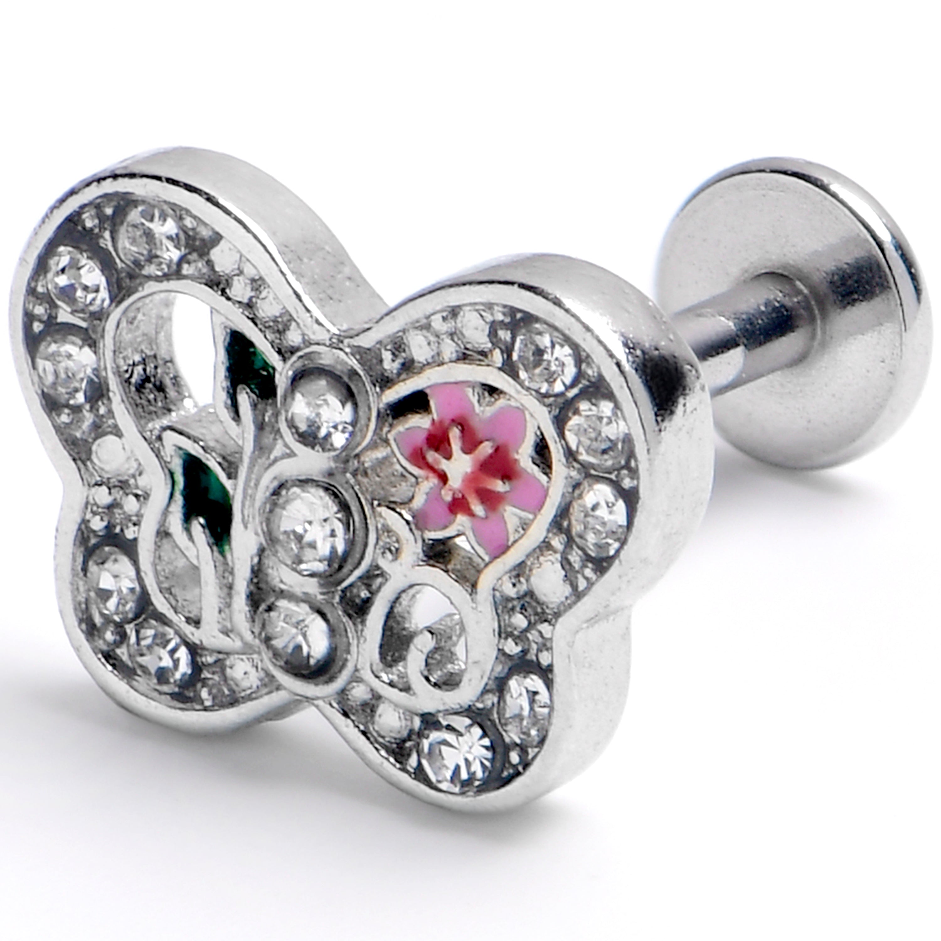 16G 5/16 Clear Pink Gem Floral Butterfly Labret Monroe Tragus