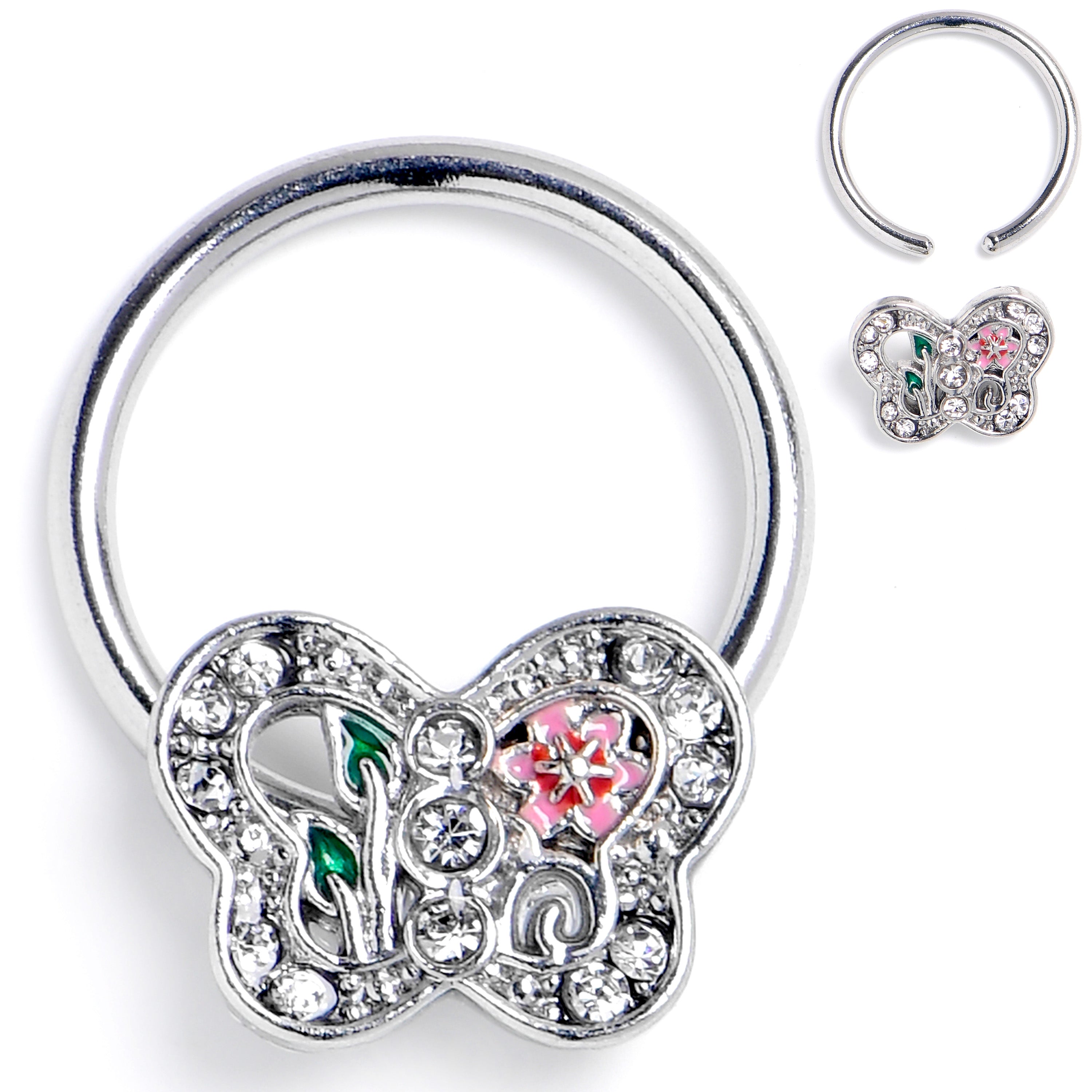 16G 3/8 Clear Pink Gem Floral Butterfly BCR Captive Ring