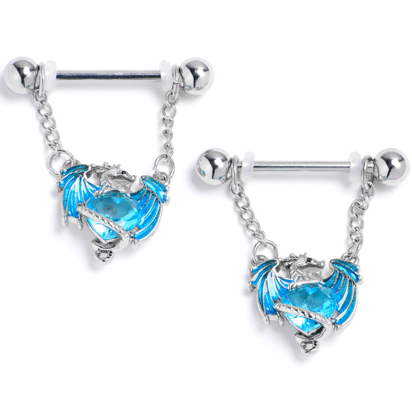 14 Gauge 9/16 Blue CZ Gem Heart of Dragon Dangle Nipple Ring Set