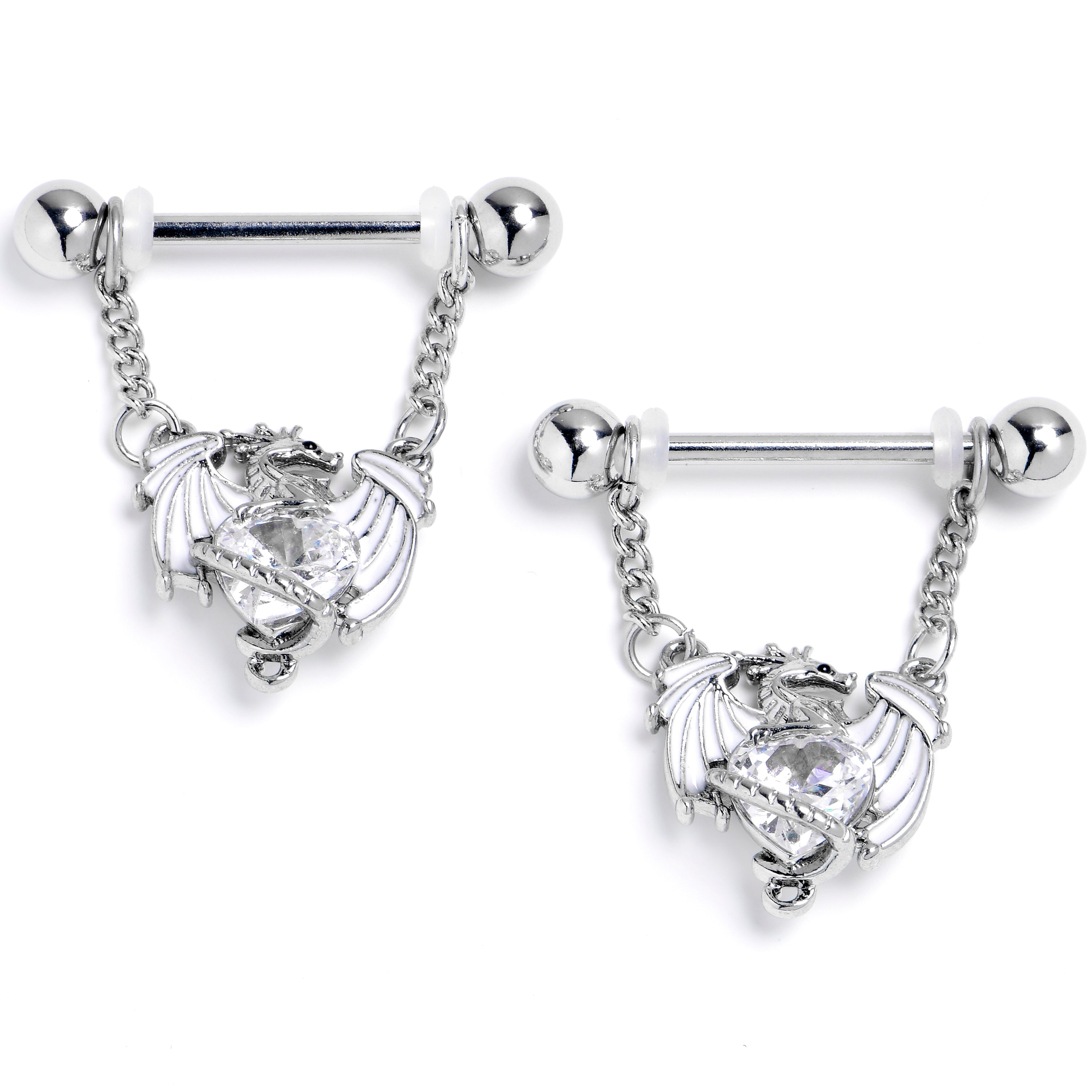 14G 9/16 Clear CZ Gem Heart of Dragon Dangle Nipple Ring Set