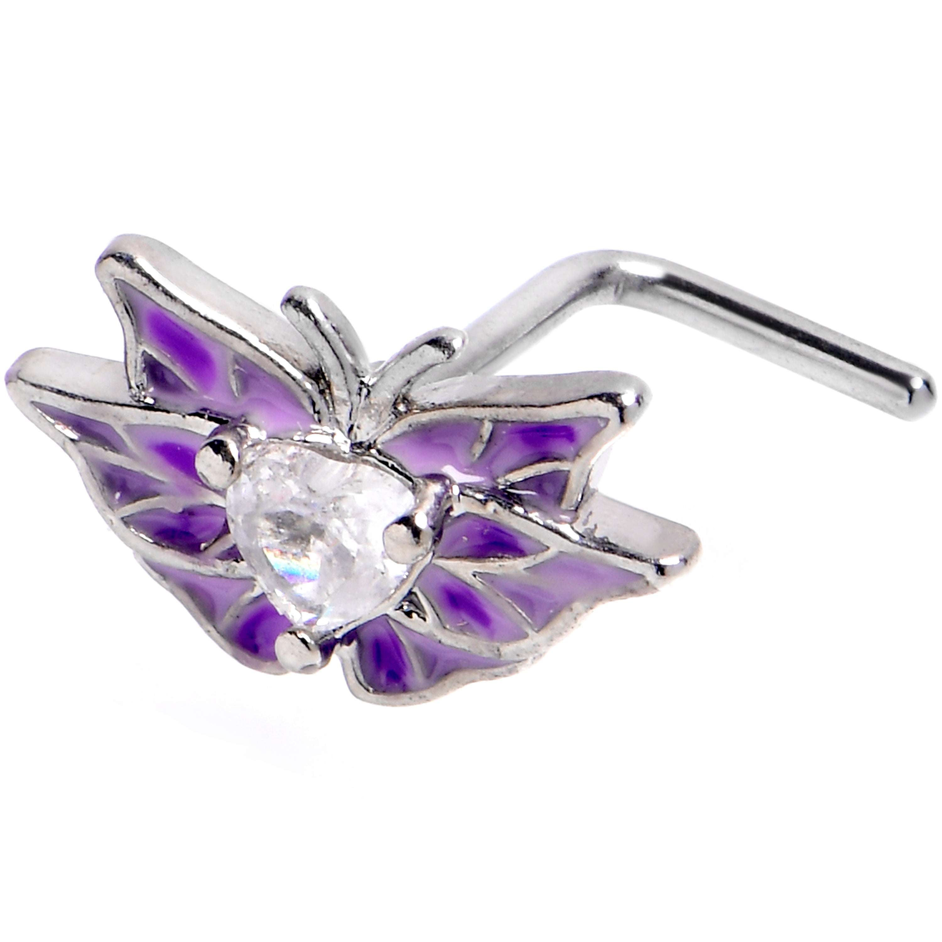 20G 7mm Clear CZ Gem Heart Butterfly Purple L Shape Nose Ring