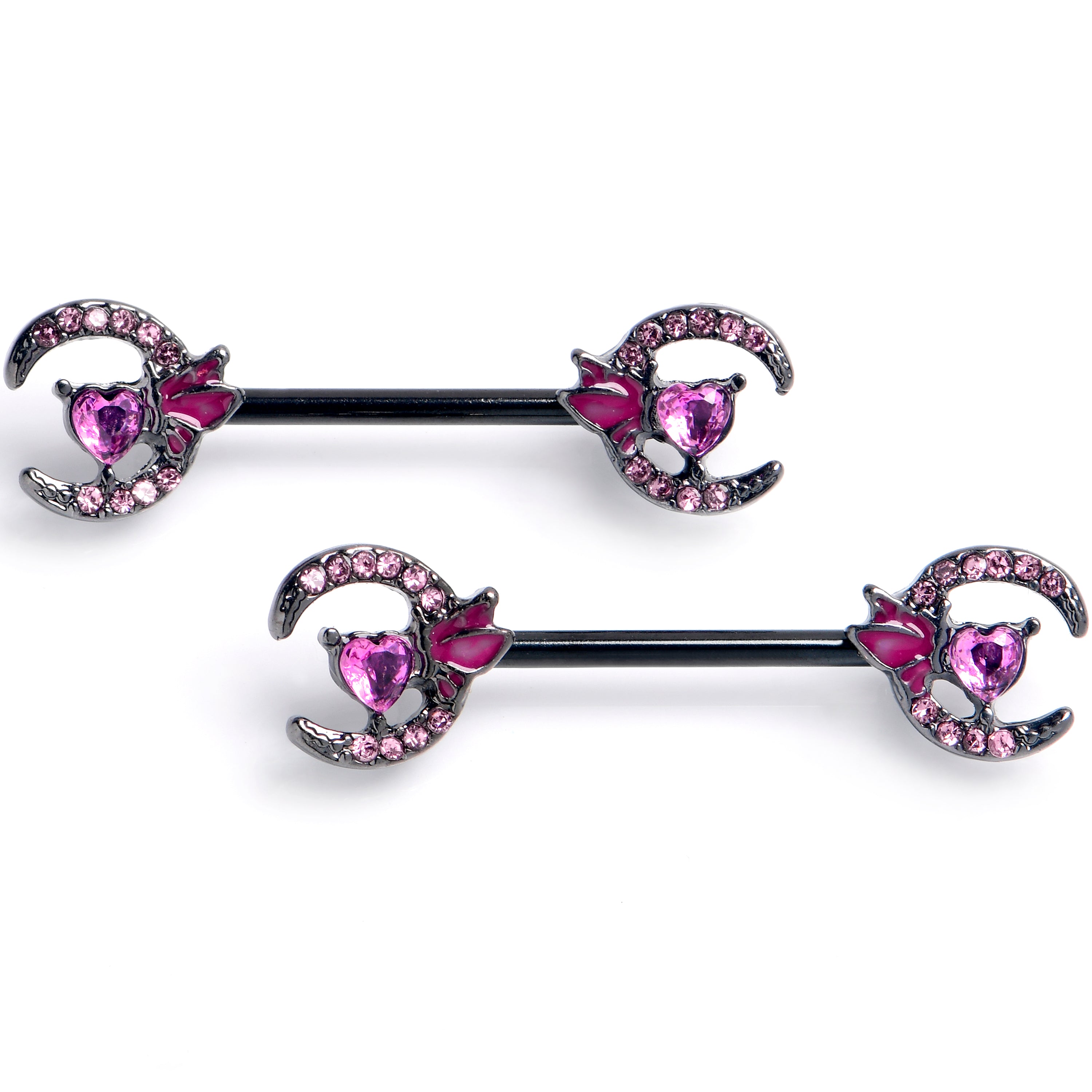 14G 9/16 Pink Gem Black Butterfly Heart Moon Barbell Nipple Ring Set