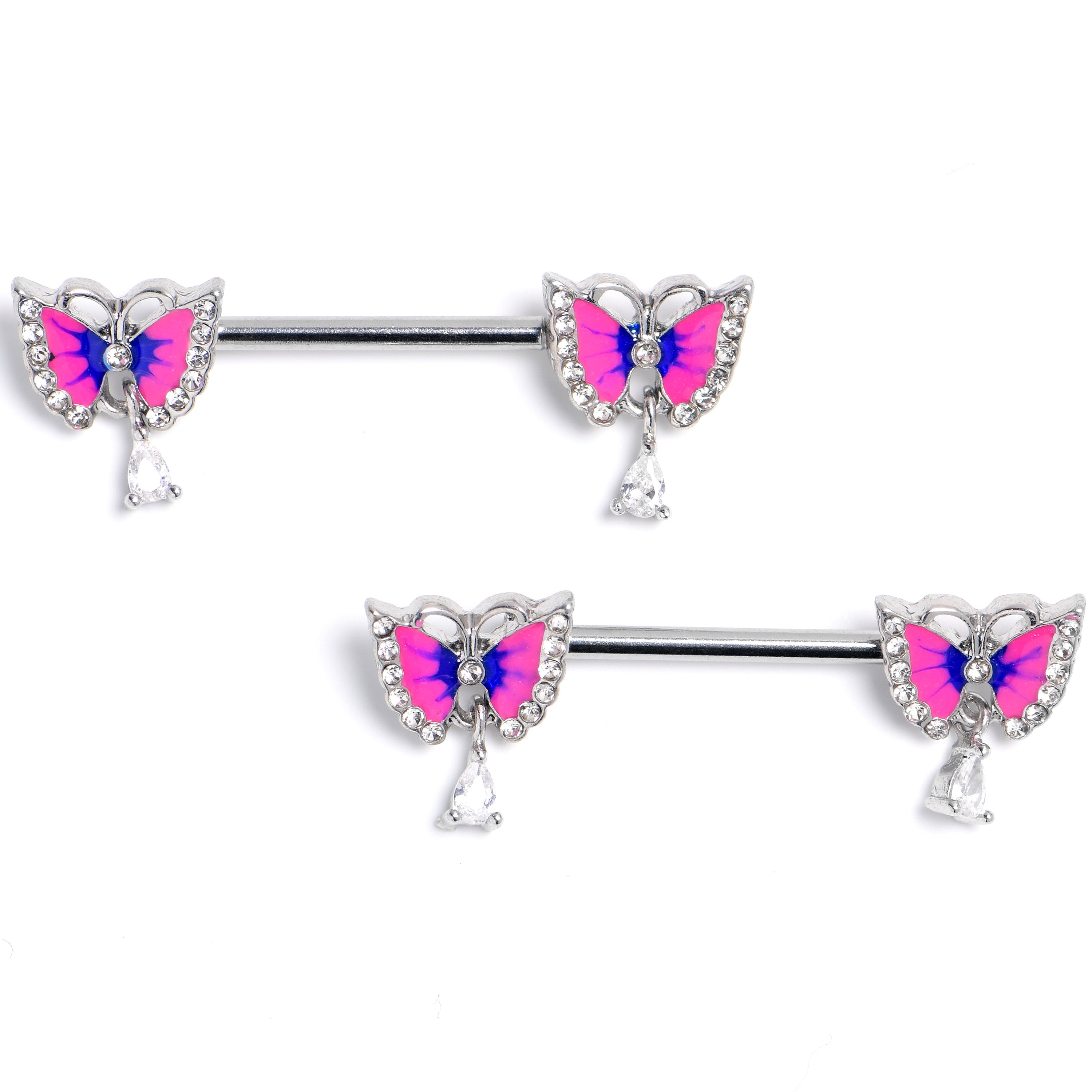 14G 9/16 Clear Gem Butterfly Blue Pink Dangle Nipple Ring Set