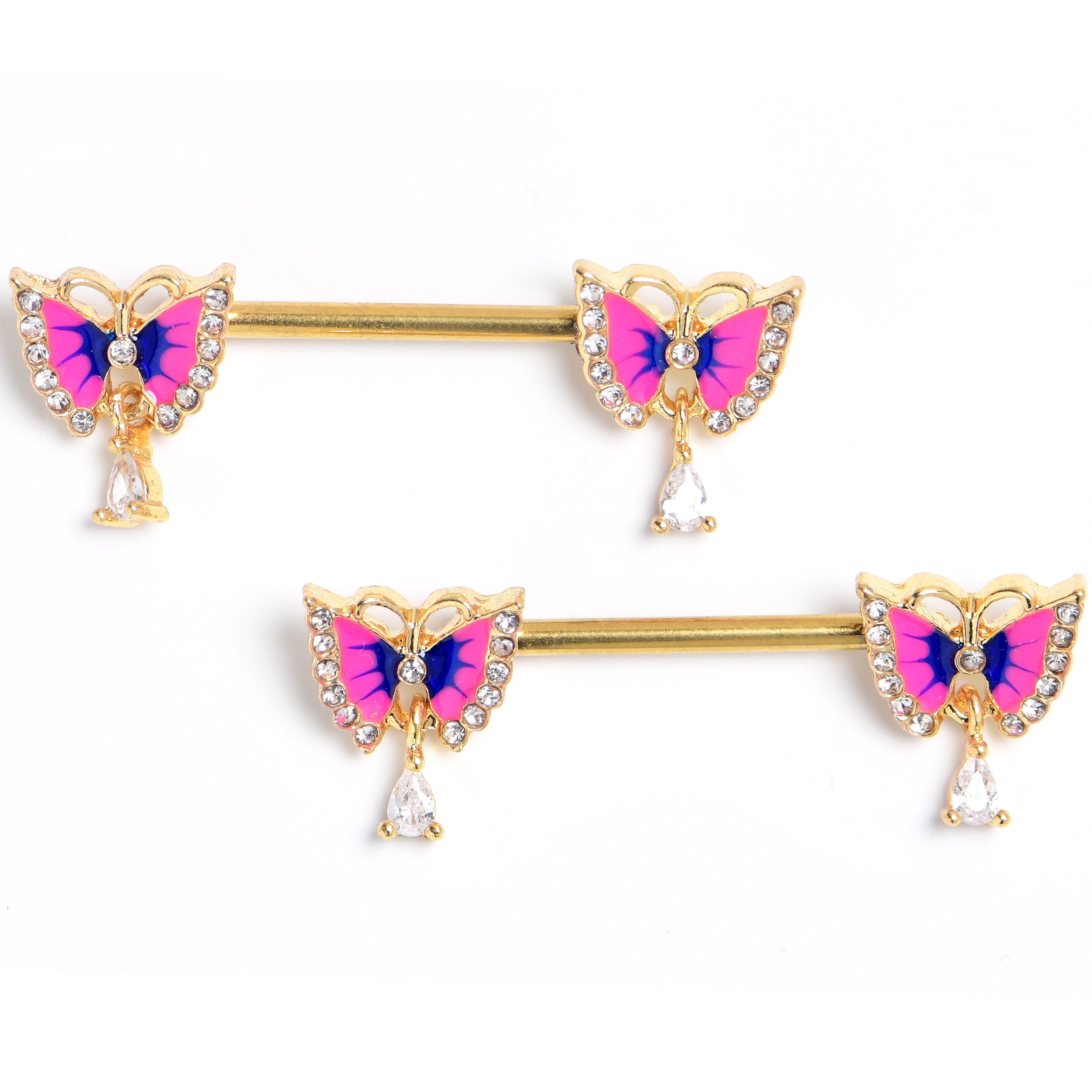 14G 9/16 Clear Gem Gold Tone Butterfly Pink Dangle Nipple Ring Set