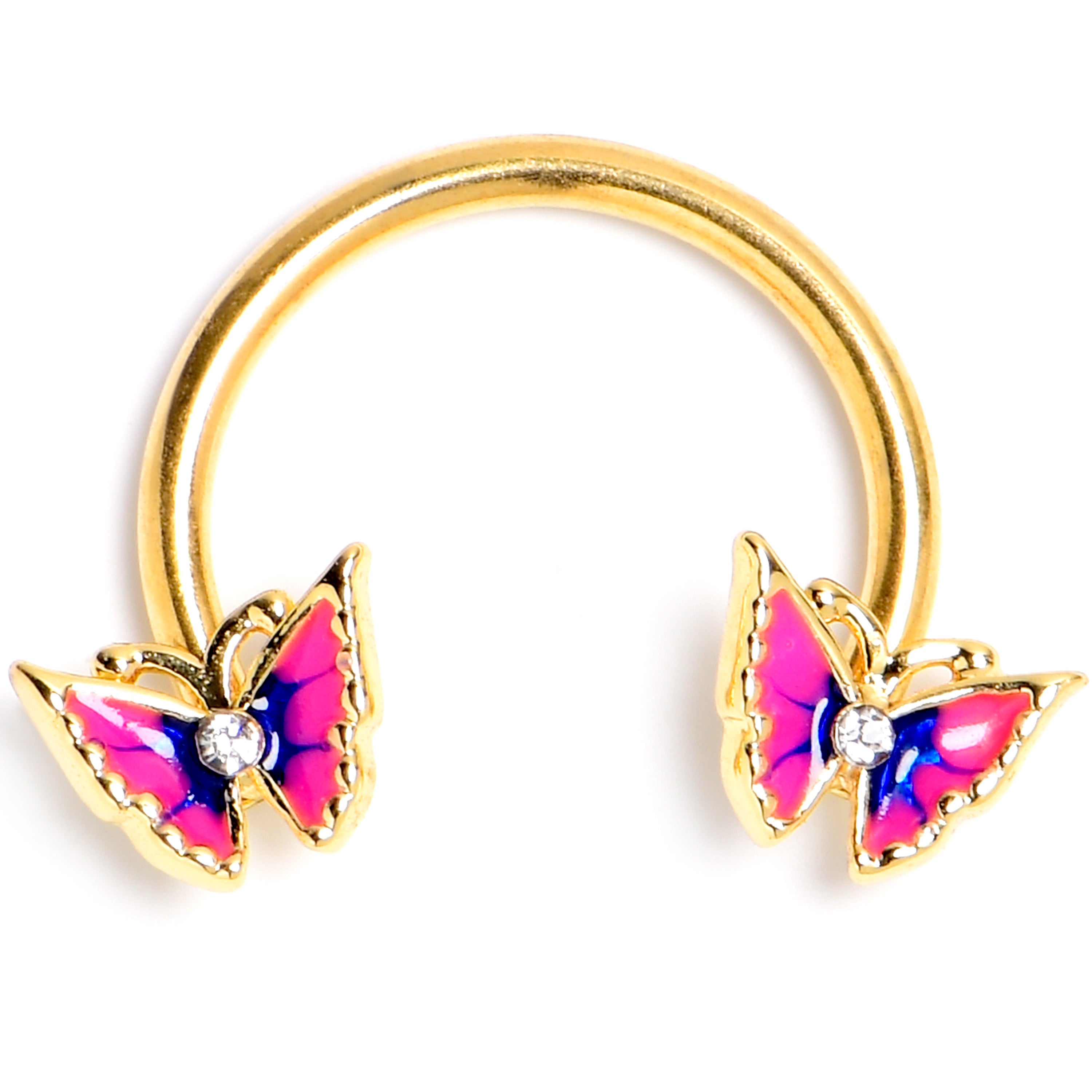 16G 3/8 Clear Gem Gold Tone Butterfly Pink Horseshoe Circular Barbell