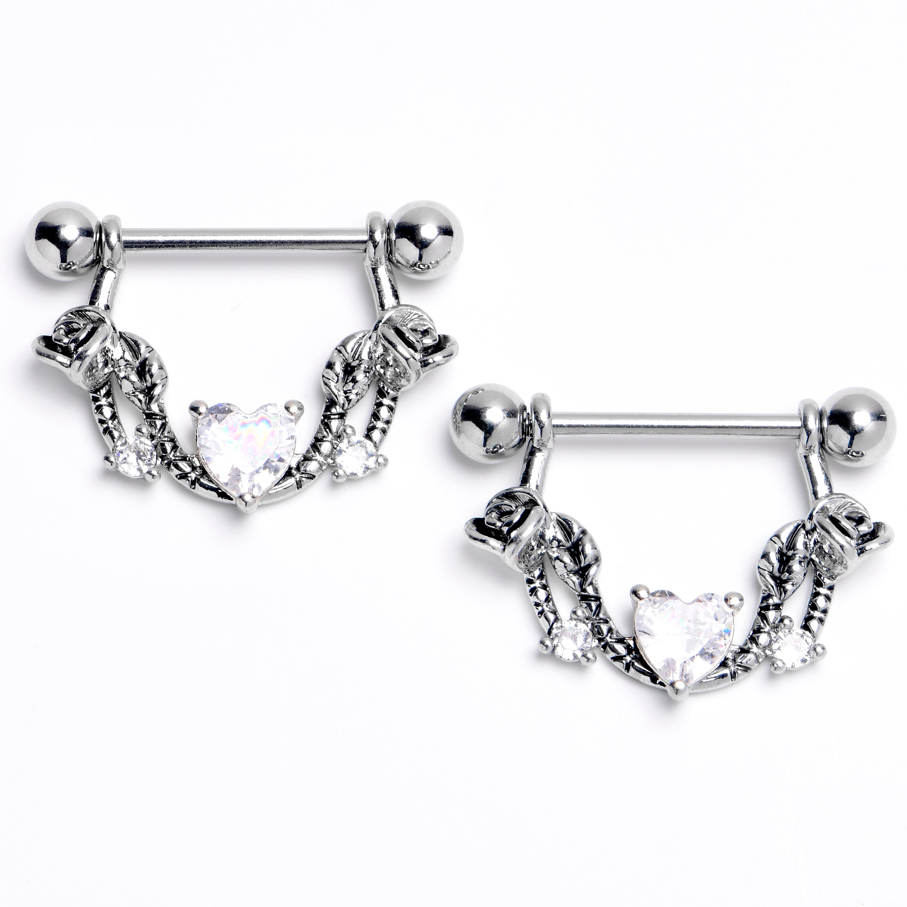 14G 9/16 Clear CZ Gem Serpentine Hearts Dangle Nipple Ring Set