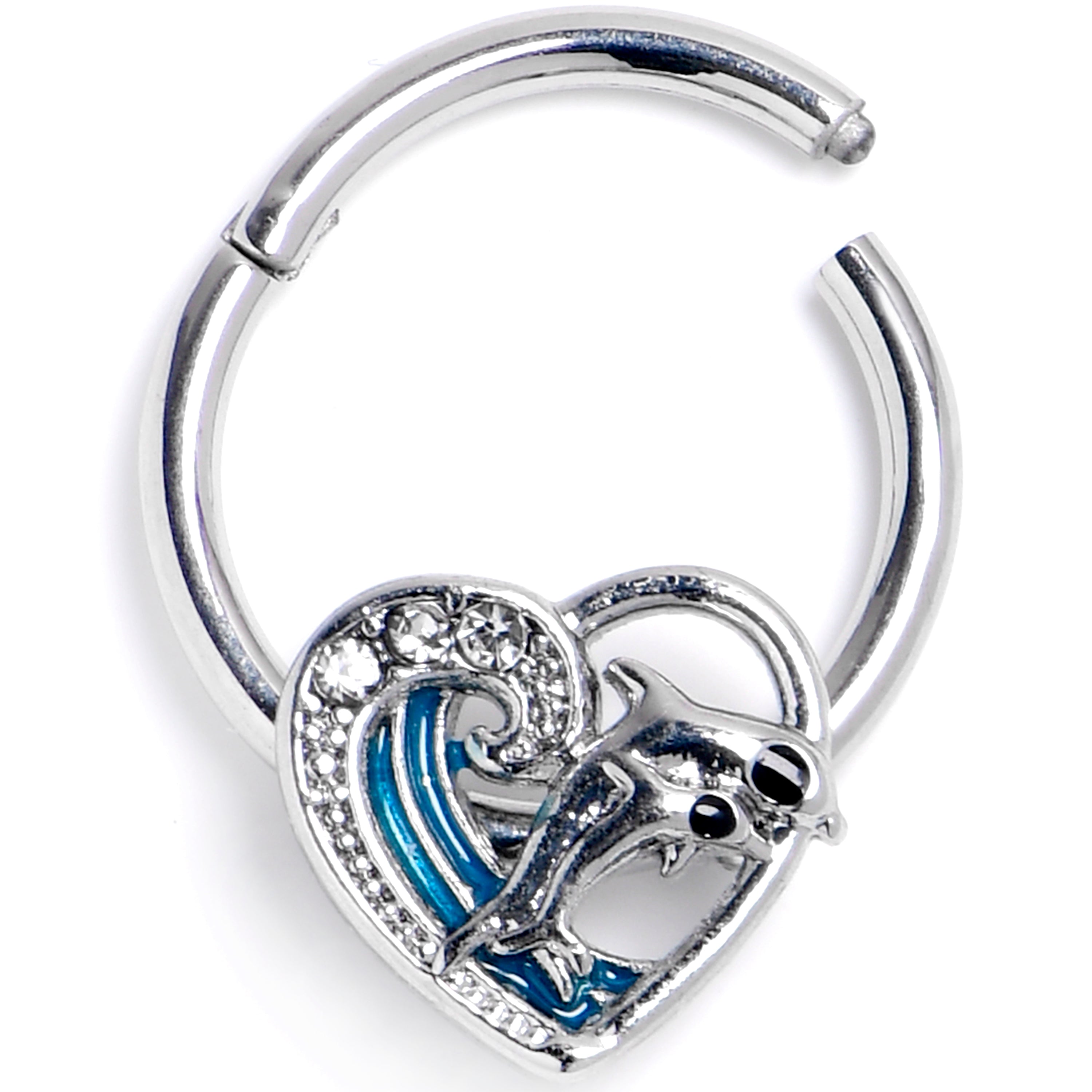 16G 3/8 Clear Gem Dolphin Heart Delight Hinged Segment Ring