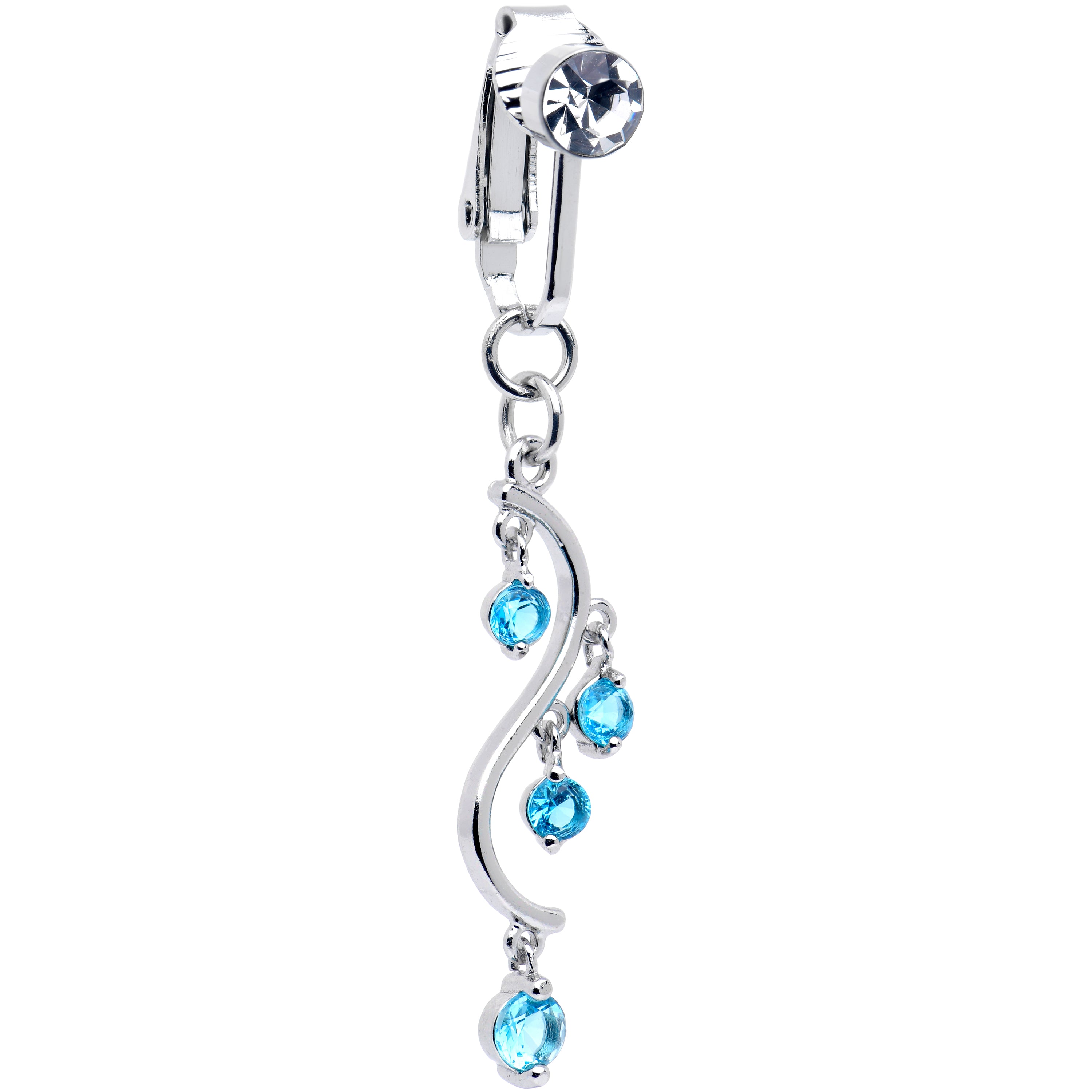 Blue CZ Gem Swirl Dangle Clip on Fake Belly Ring