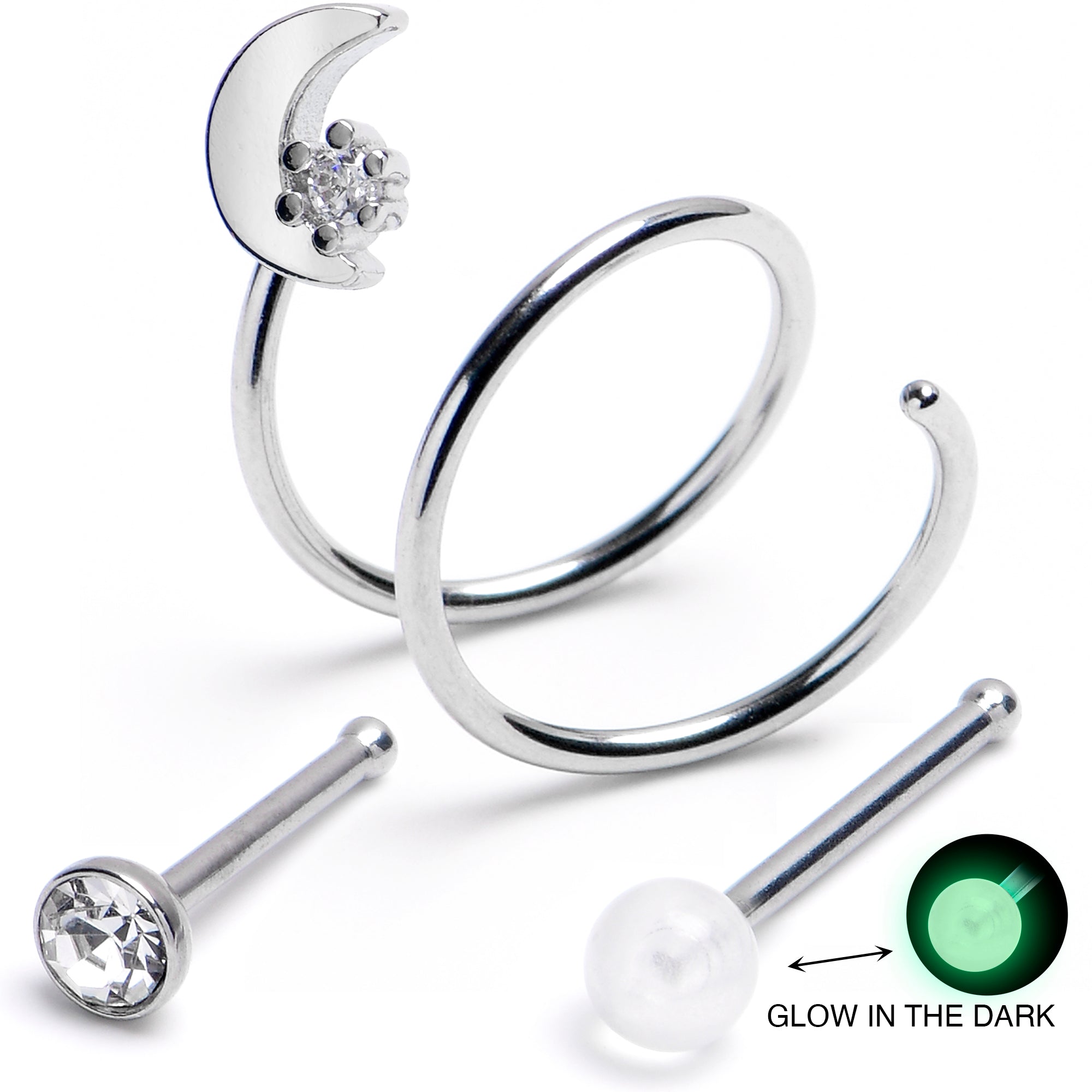 20G Clear Gem Moon Spiral Glow In Dark Nose Ring Set of 3