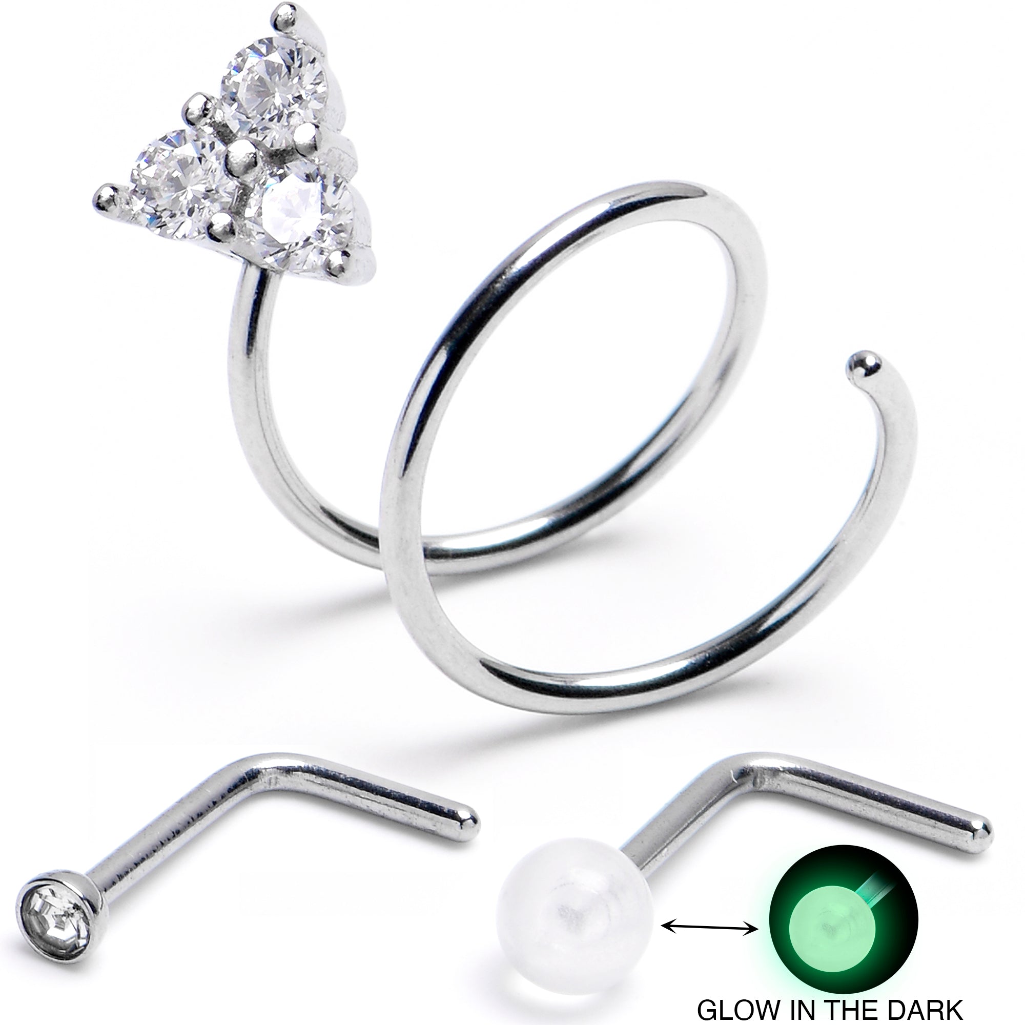 20G Clear Gem Spiral Glow In Dark L Shape Nose Ring Set of 3