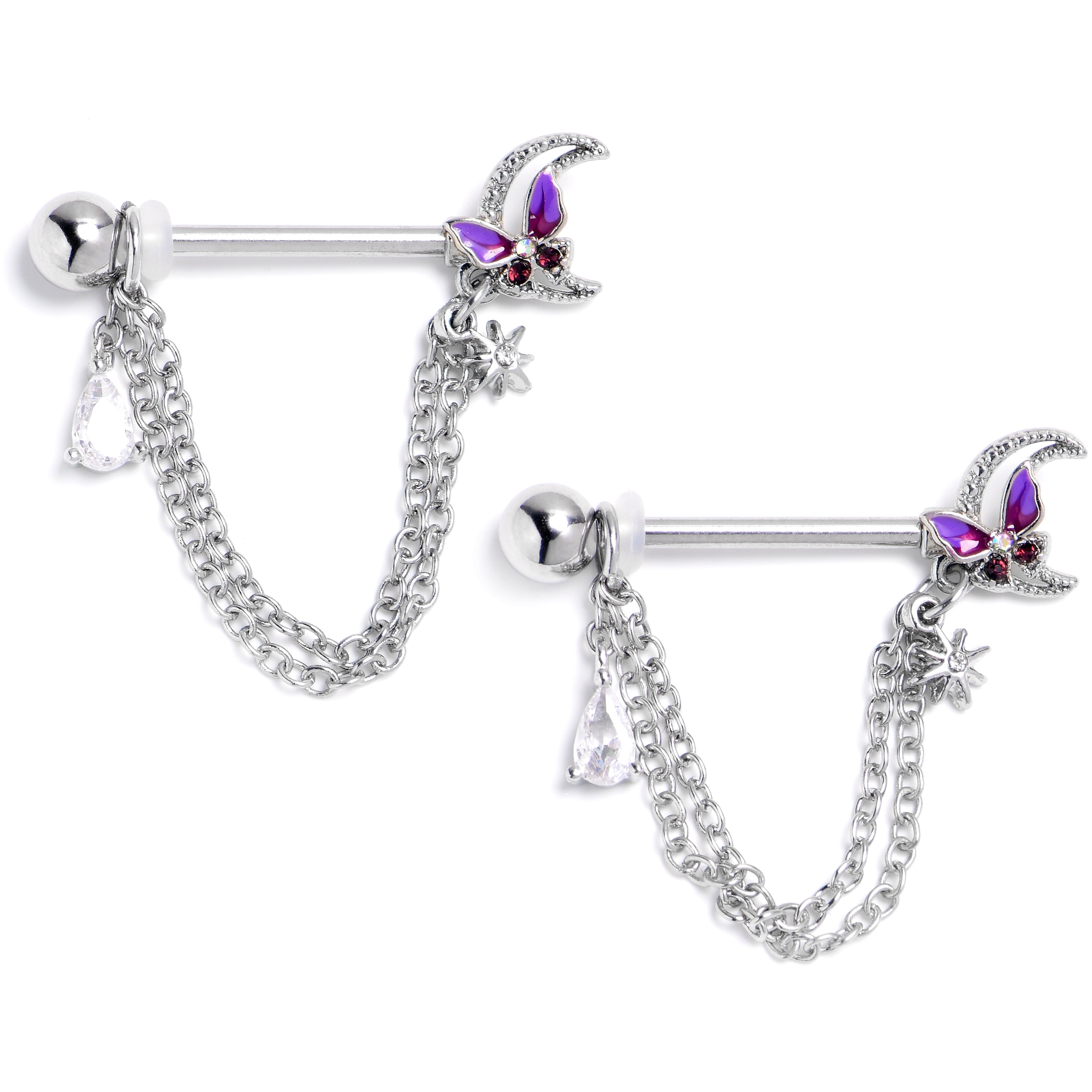 14G 9/16 Clear CZ Gem Butterfly Purple Beauty Dangle Nipple Ring Set