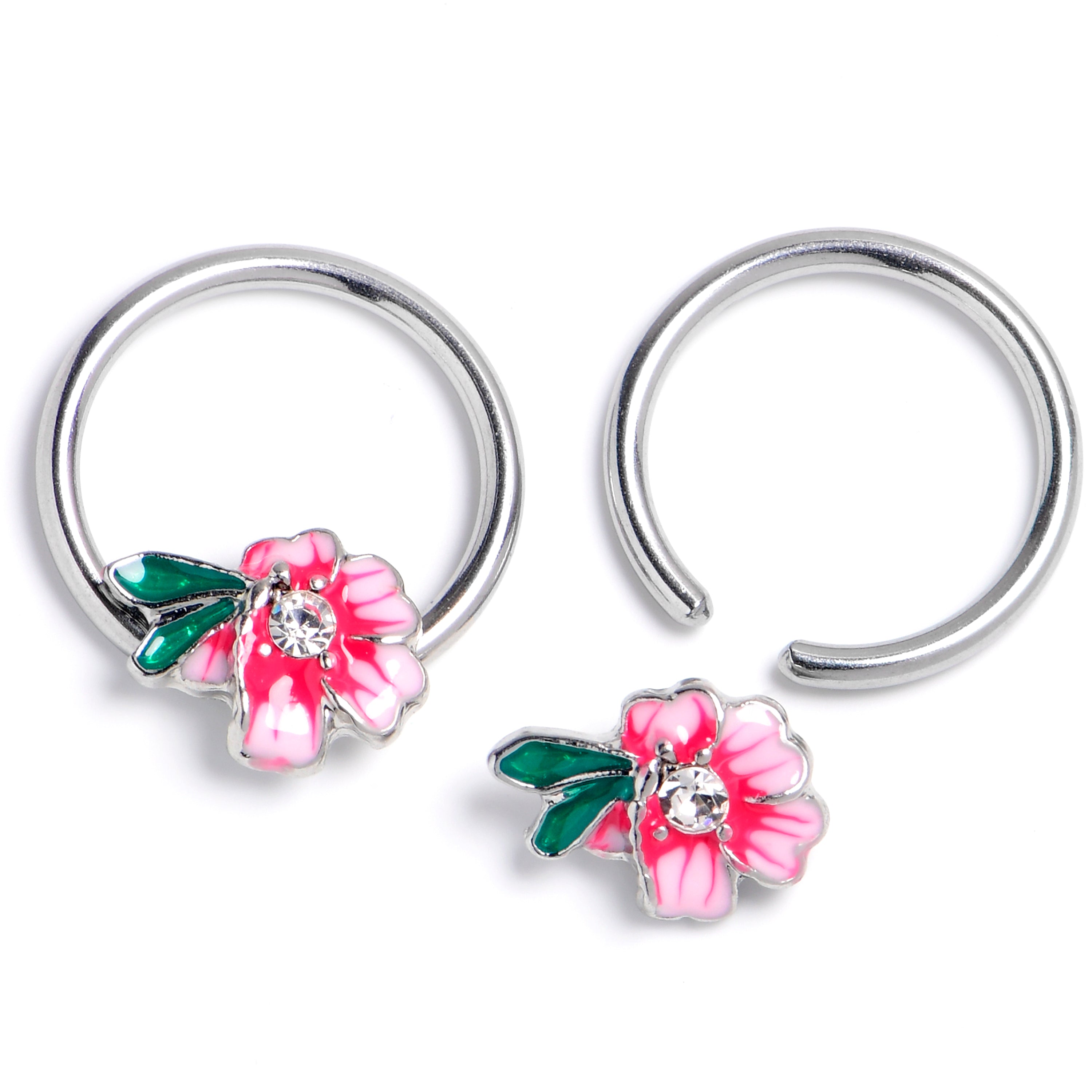 14G 9/16 Clear Gem Faerie Flower Pink BCR Captive Ring Set