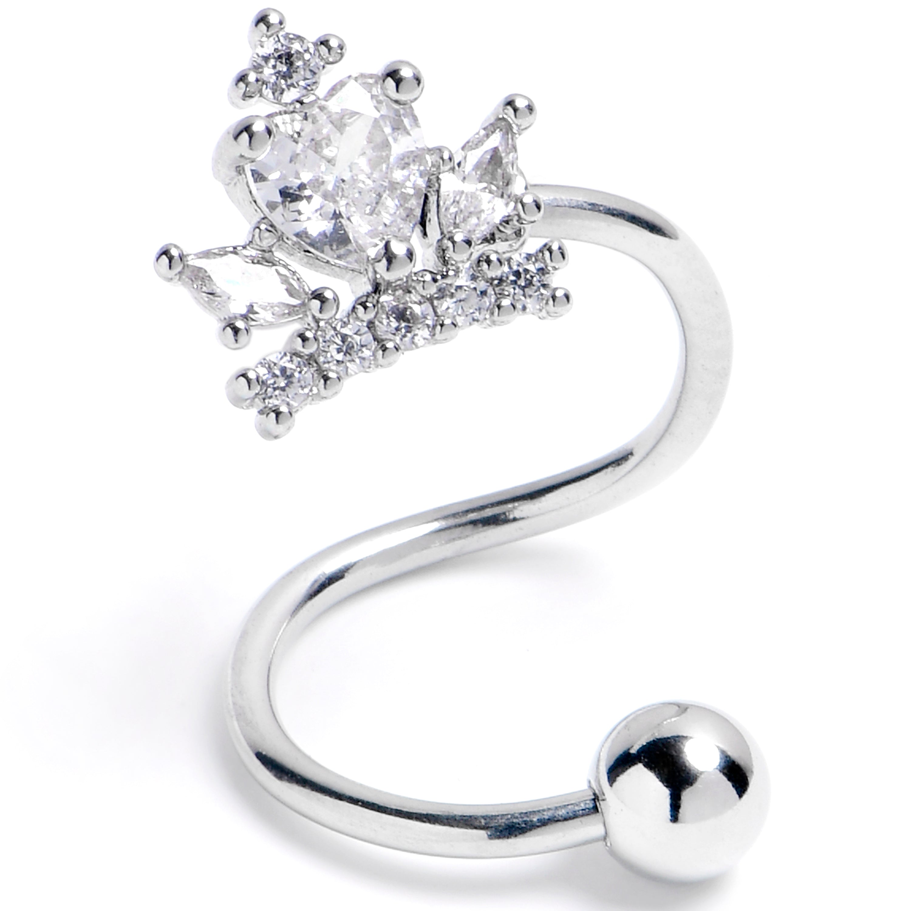 16G 3/8 Clear Gem Crown Heart Spiral Twister Belly Ring
