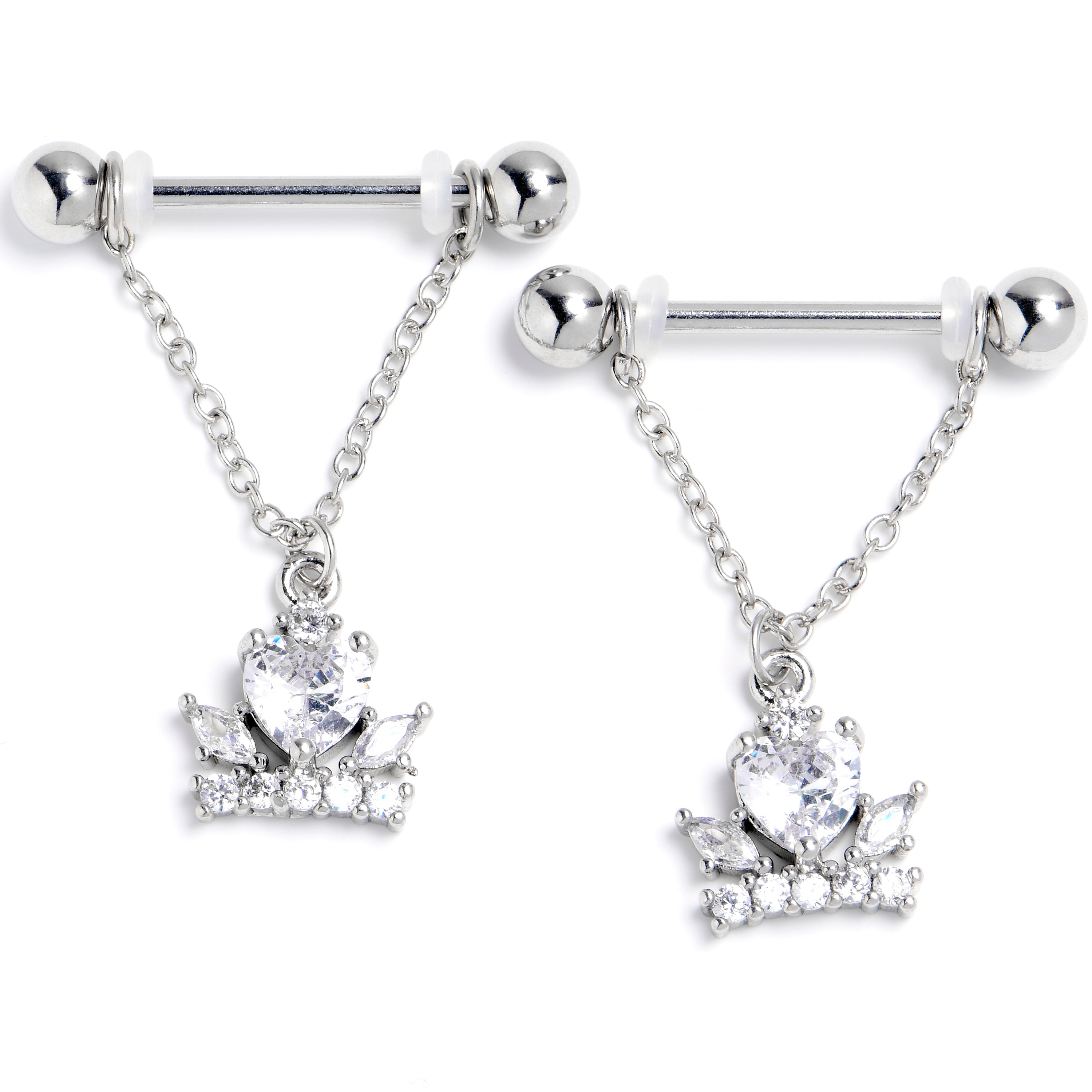 14G 9/16 Clear CZ Gem Crown Heart Dangle Nipple Ring Set
