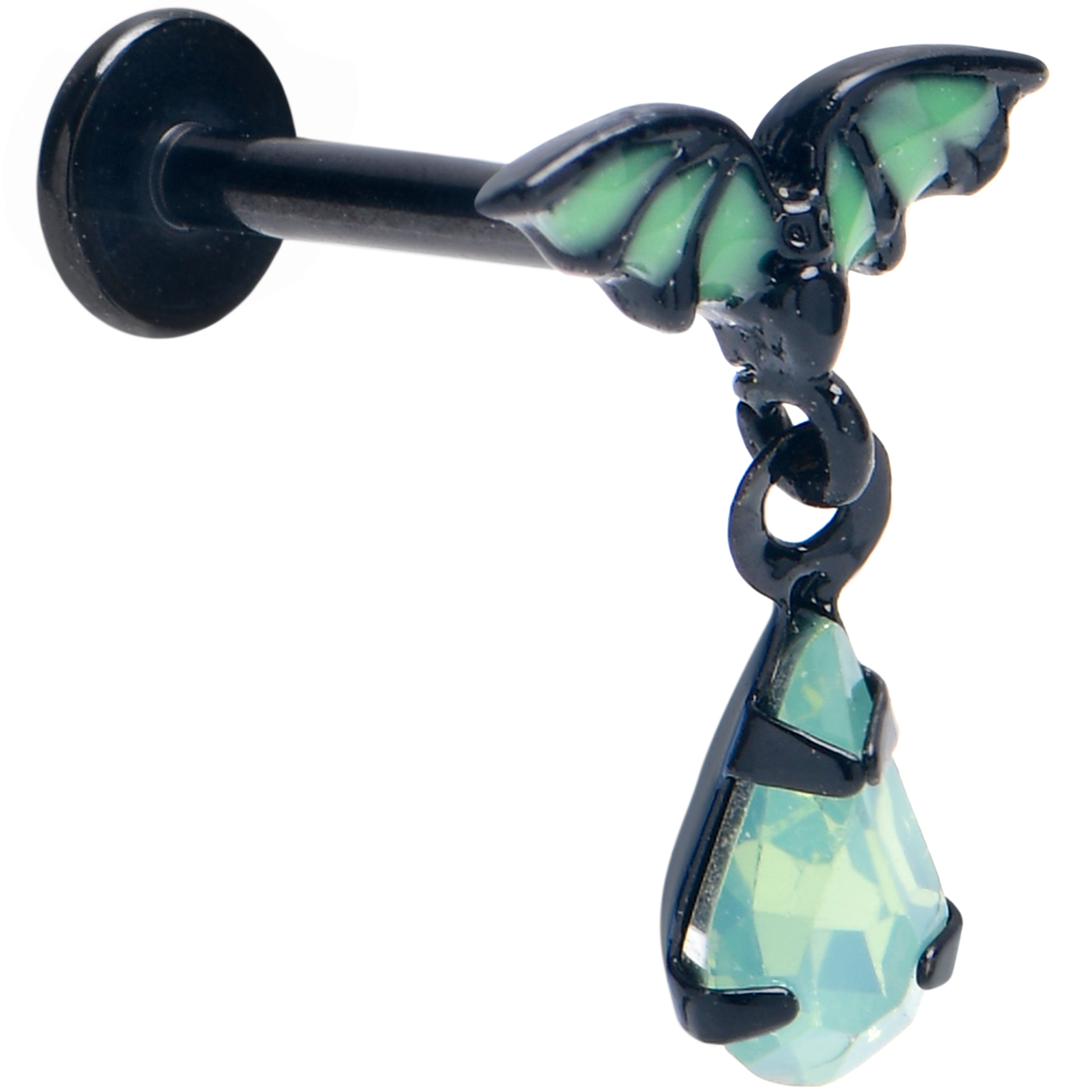 16G 5/16 Green Gem Black Bat Wings Dangle Labret Monroe Tragus