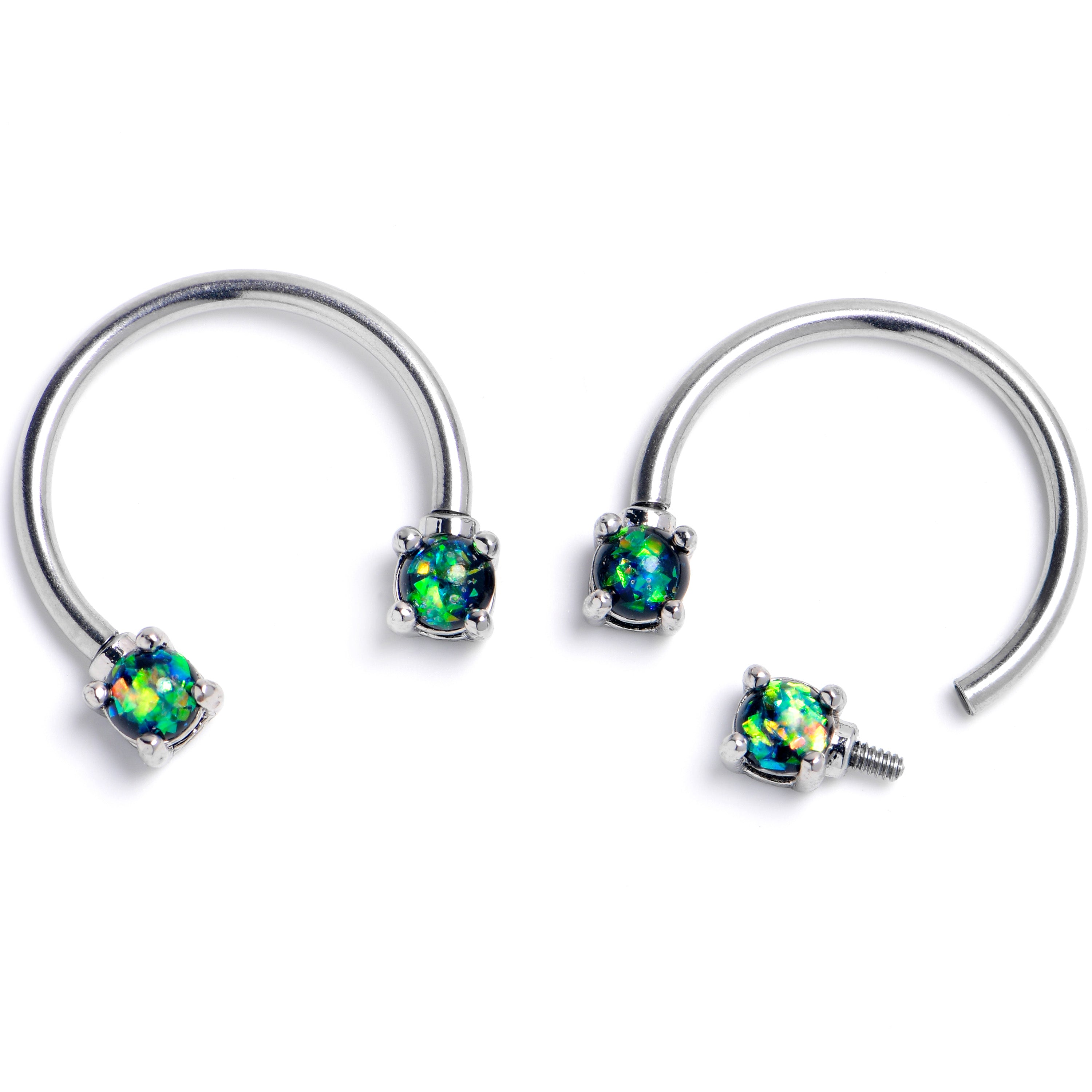 16G 3/8 Green Faux Opal Internally Threaded Horseshoe Nipple Ring Set