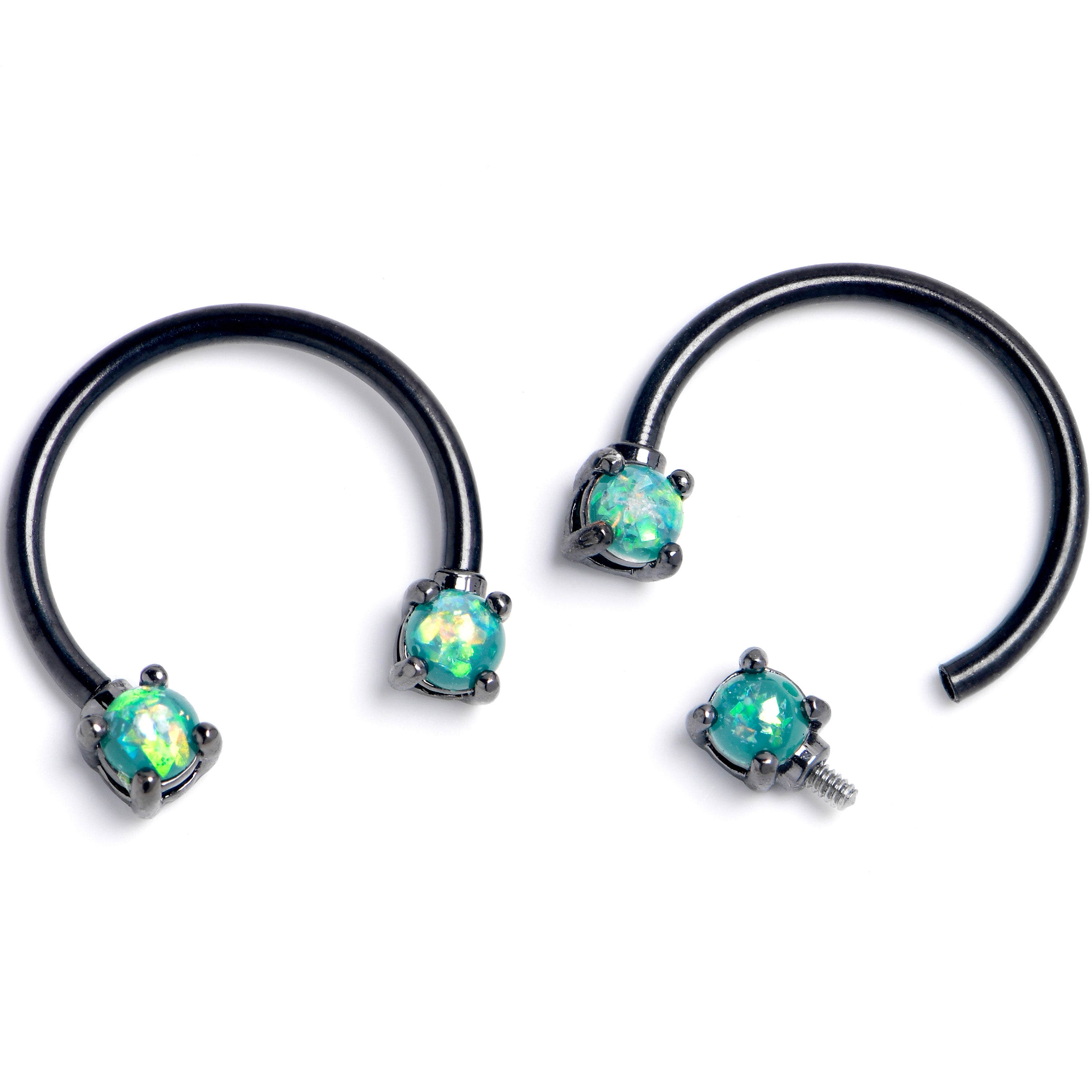 16G 3/8 Lt Green Faux Opal Black Internally Threaded Horseshoe Set