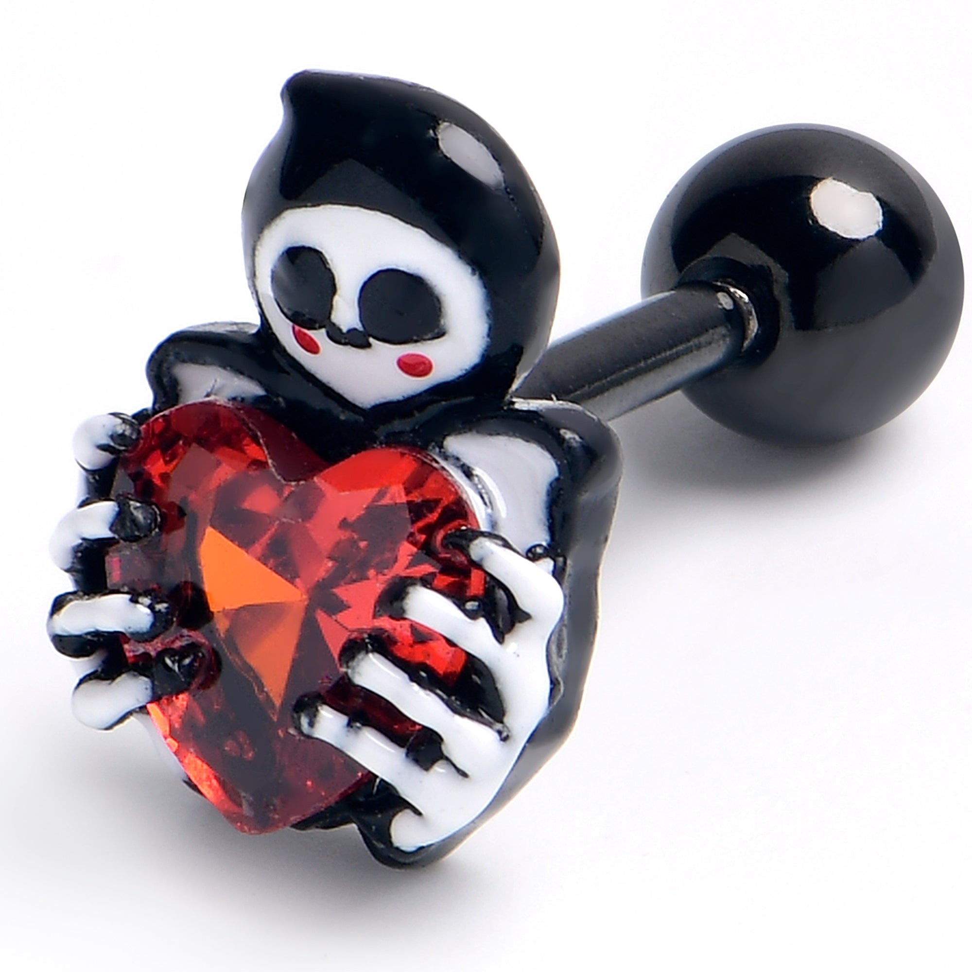 16G 1/4 Red Gem Black Skeleton Heart Cartilage Tragus Earring