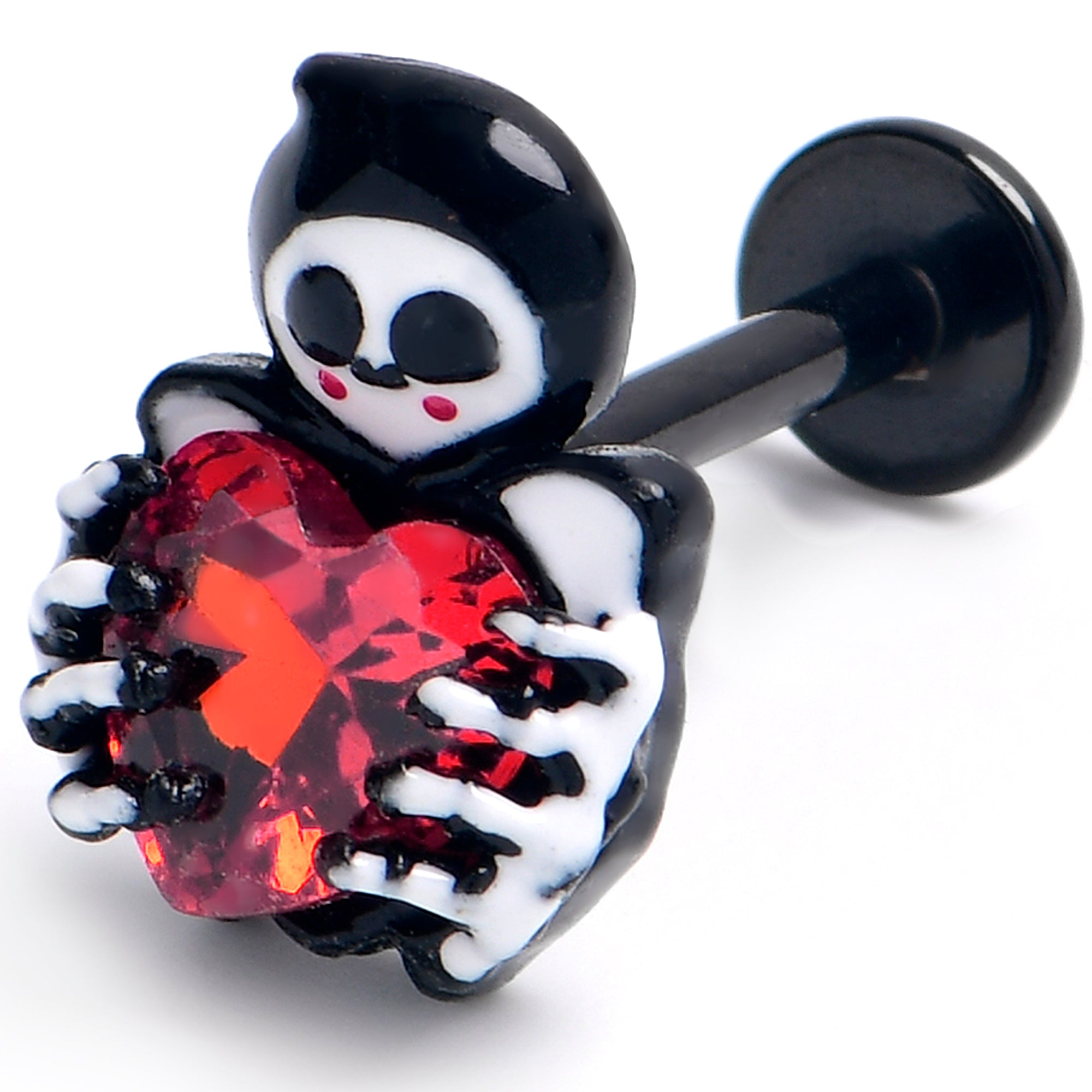 16G 5/16 Red Gem Black Skeleton Heart Labret Monroe Tragus