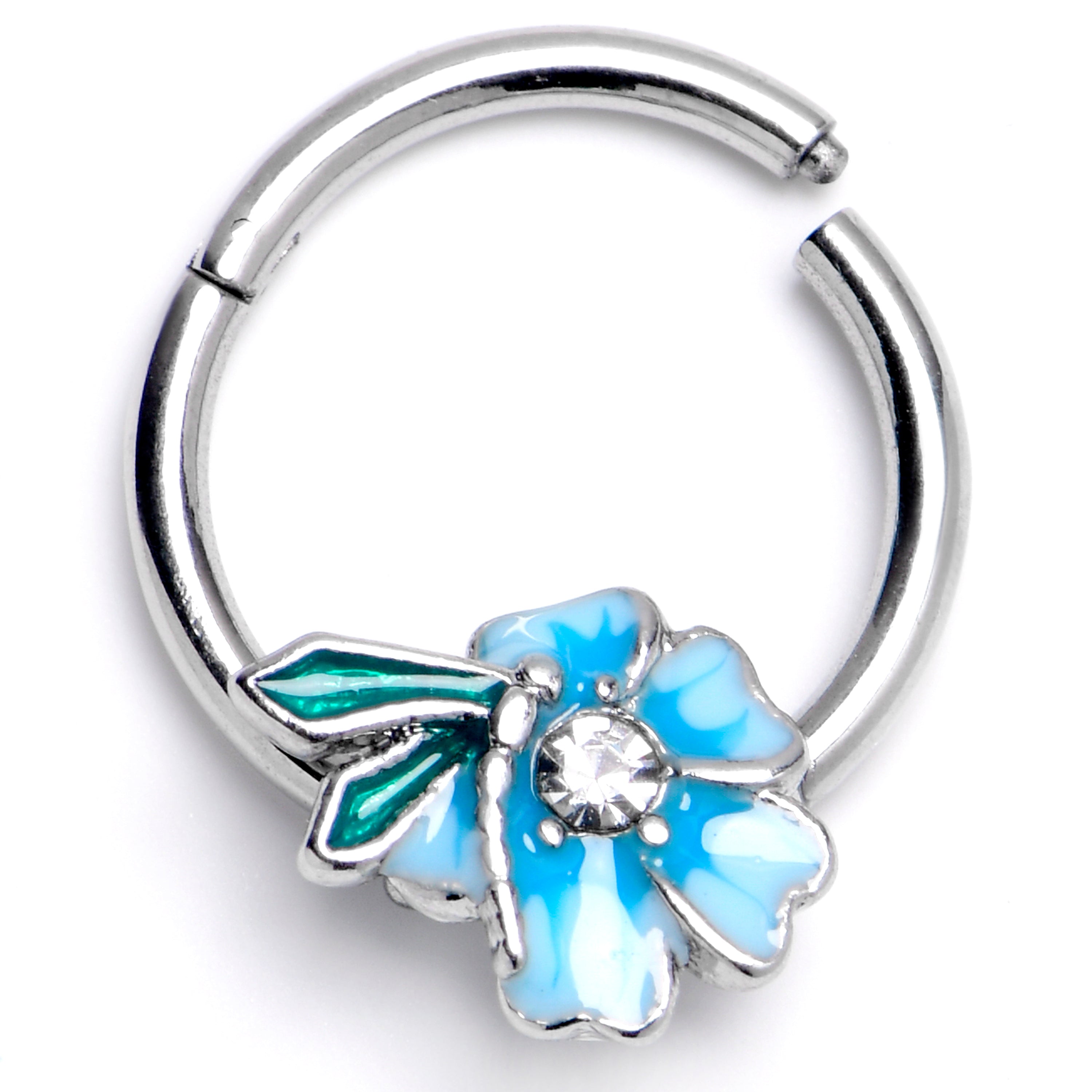16G 3/8 Clear Gem Flower Blue Beauty Hinged Segment Ring