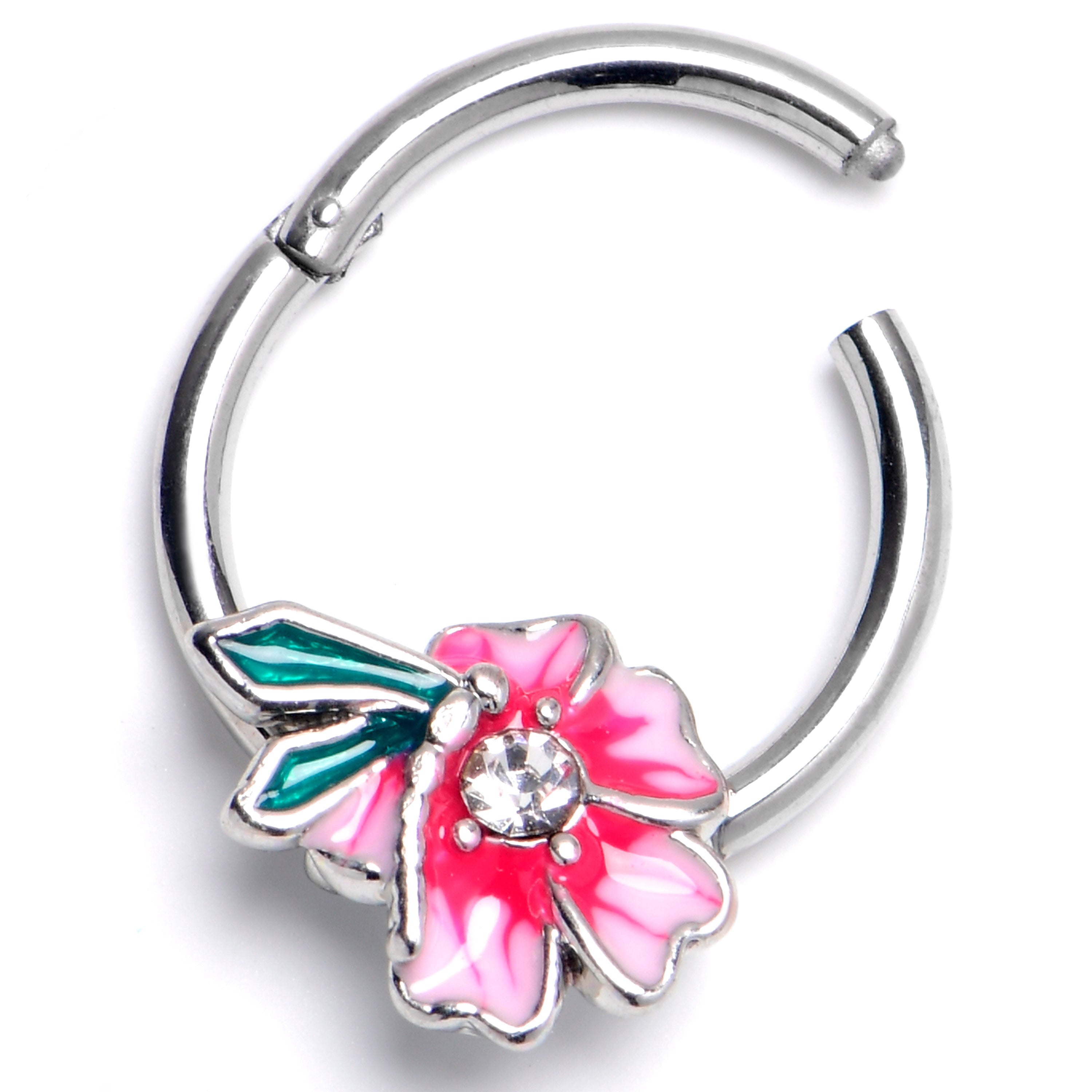 16G 3/8 Clear Gem Flower Pink Beauty Hinged Segment Ring