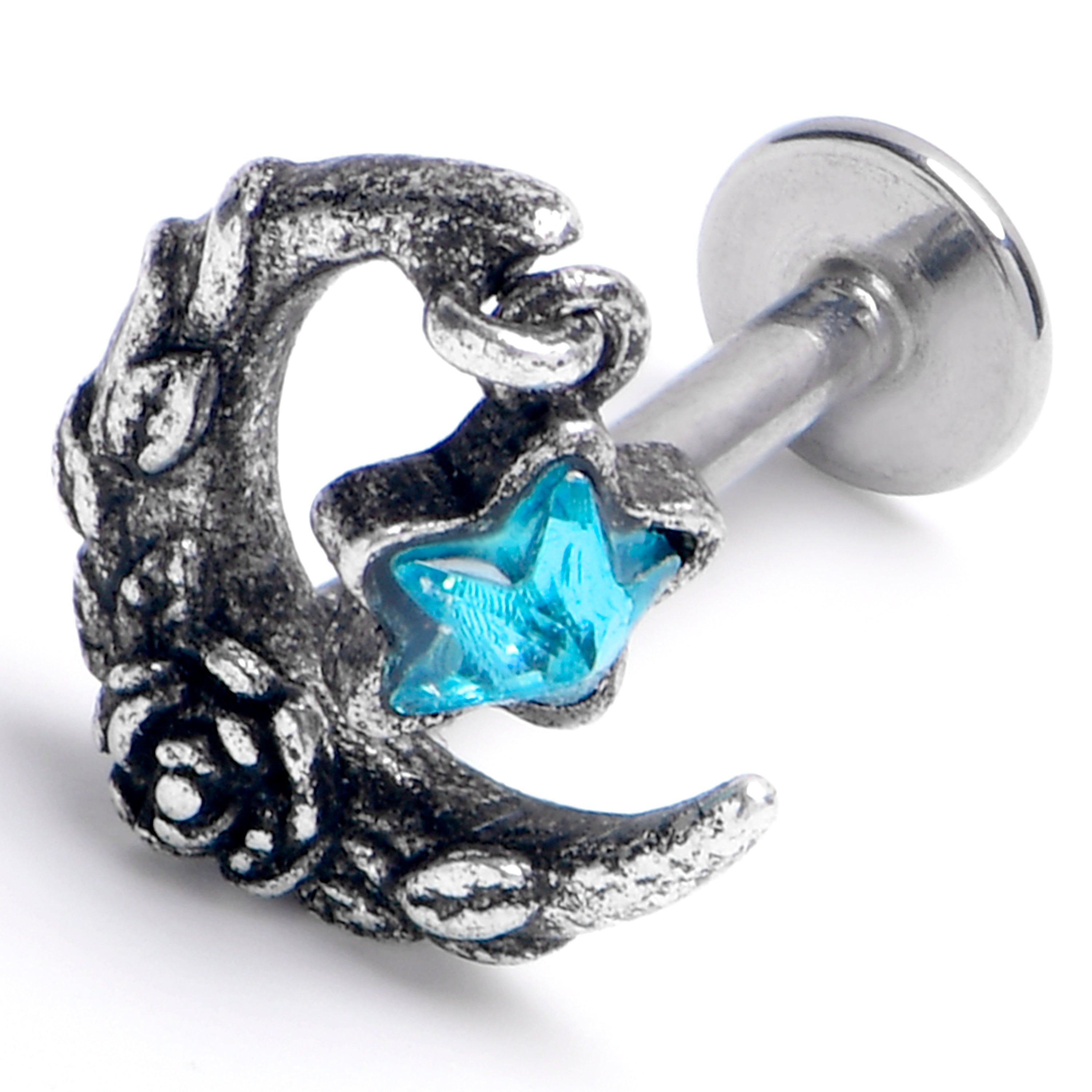 16G 5/16 Blue Gem Ornate Moon Star Labret Monroe Tragus