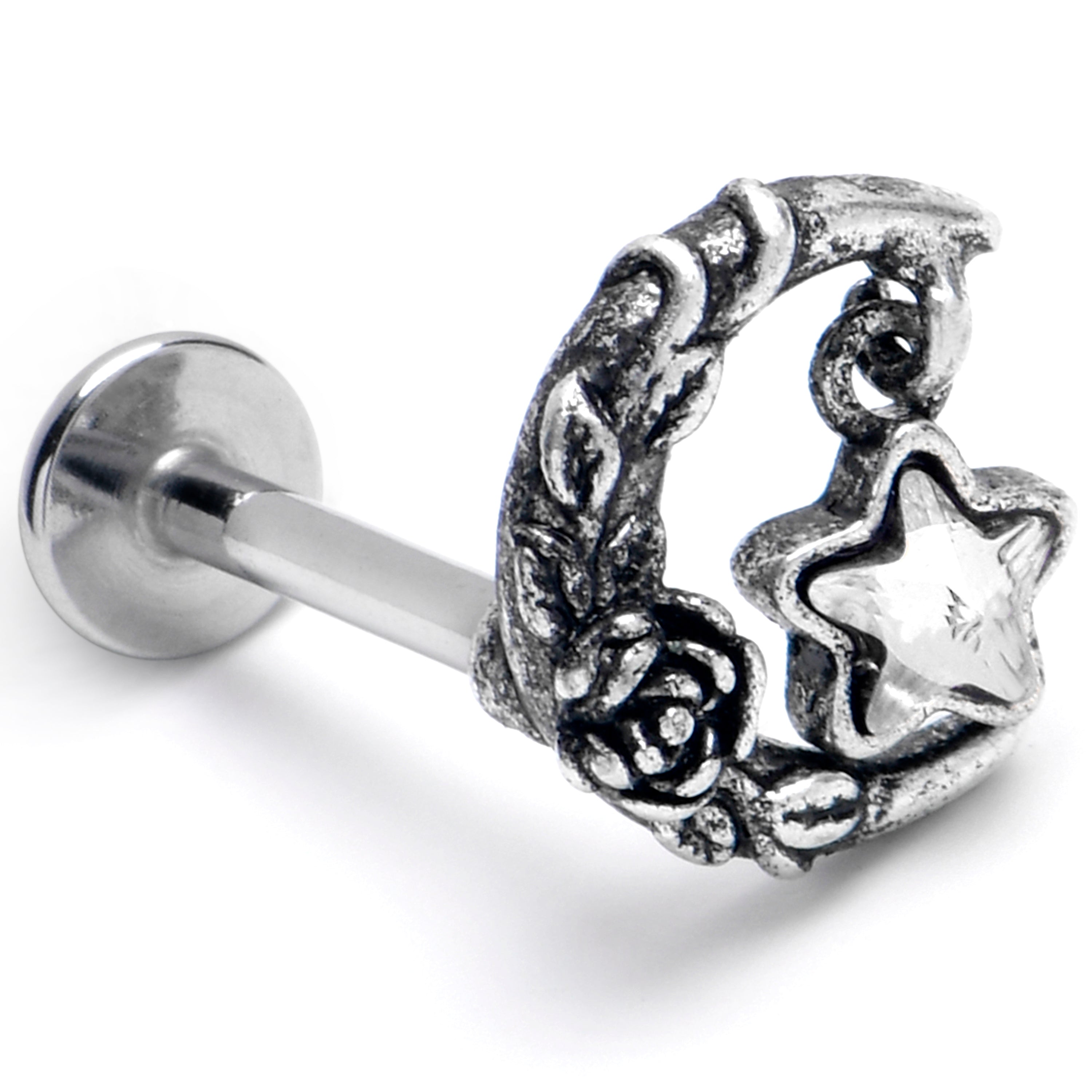 16G 5/16 Clear Gem Ornate Moon Star Labret Monroe Tragus