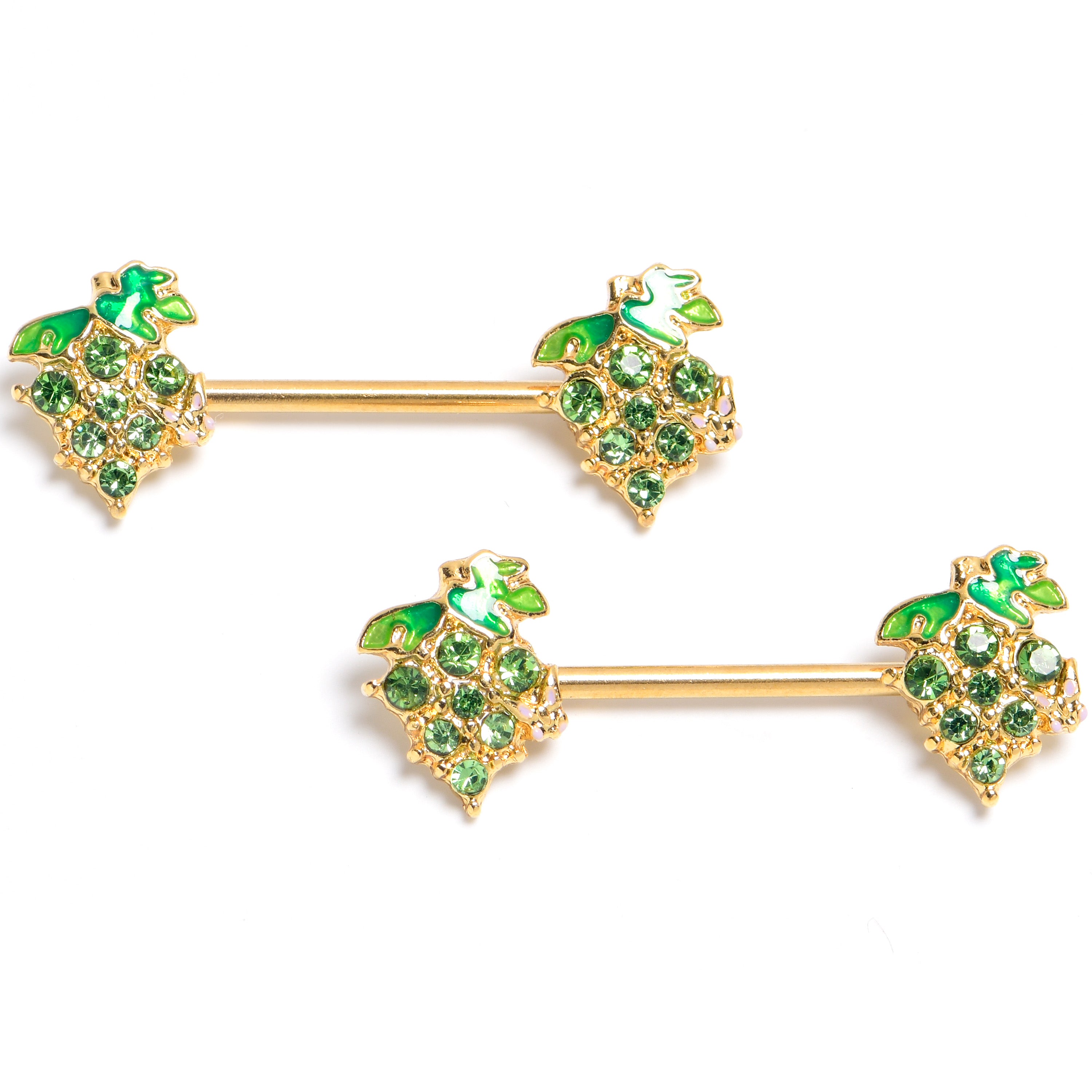 14G 9/16 Green Gem Gold Tone Butterfly Grapes Barbell Nipple Ring Set