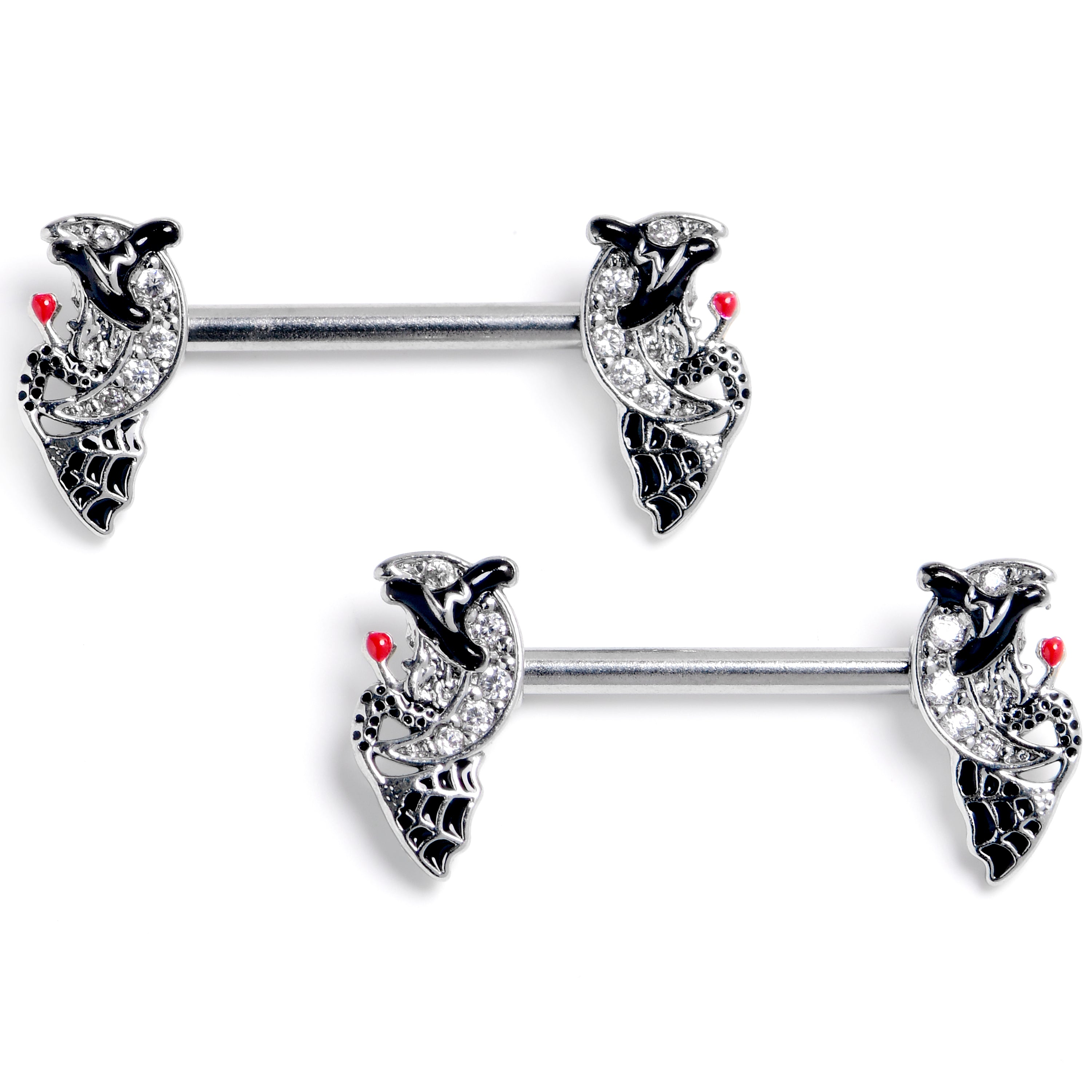 14G 9/16 Clear Gem Crescent Moon Witch Barbell Nipple Ring Set