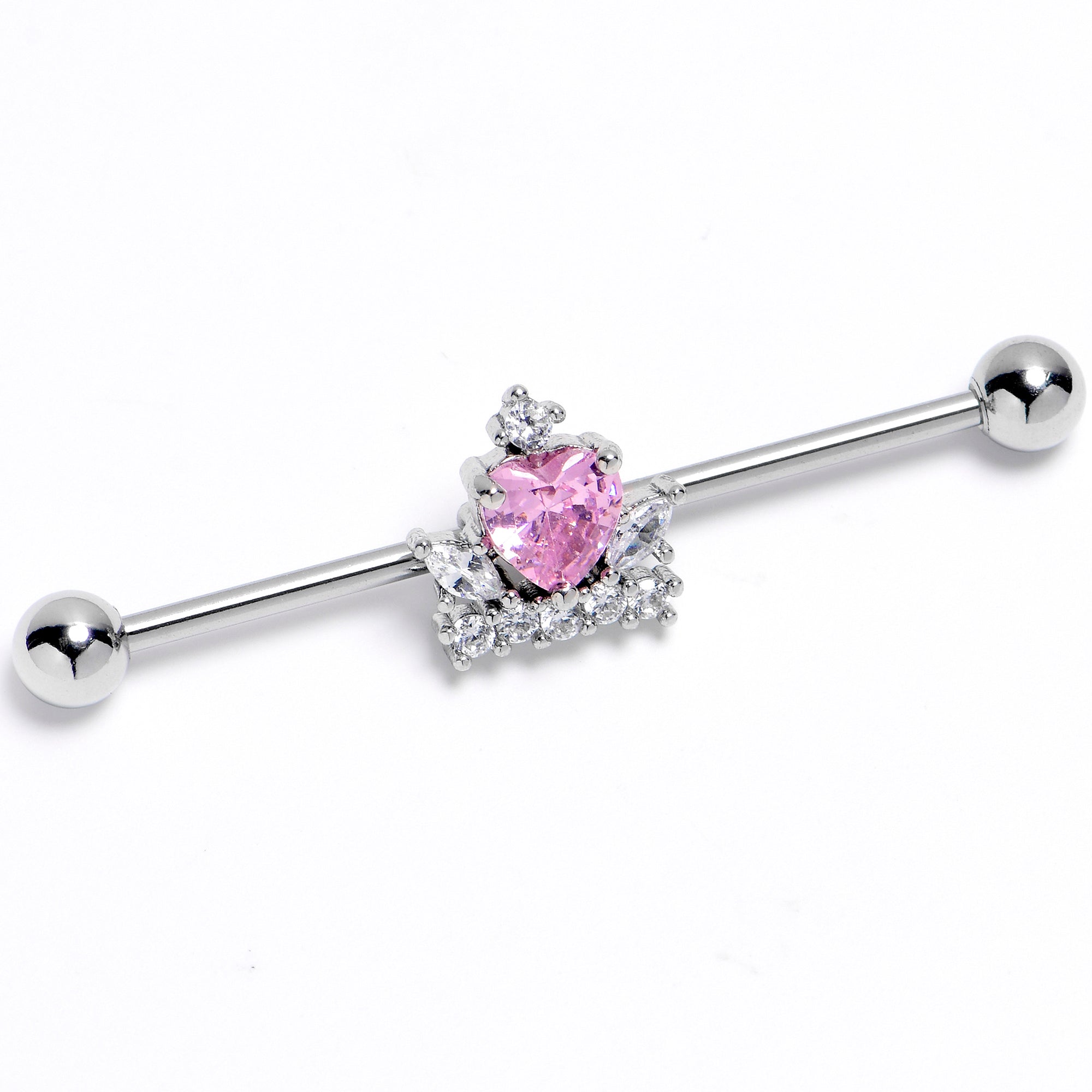 14G Pink Clear CZ Gem Heart Crown Industrial Barbell 38mm