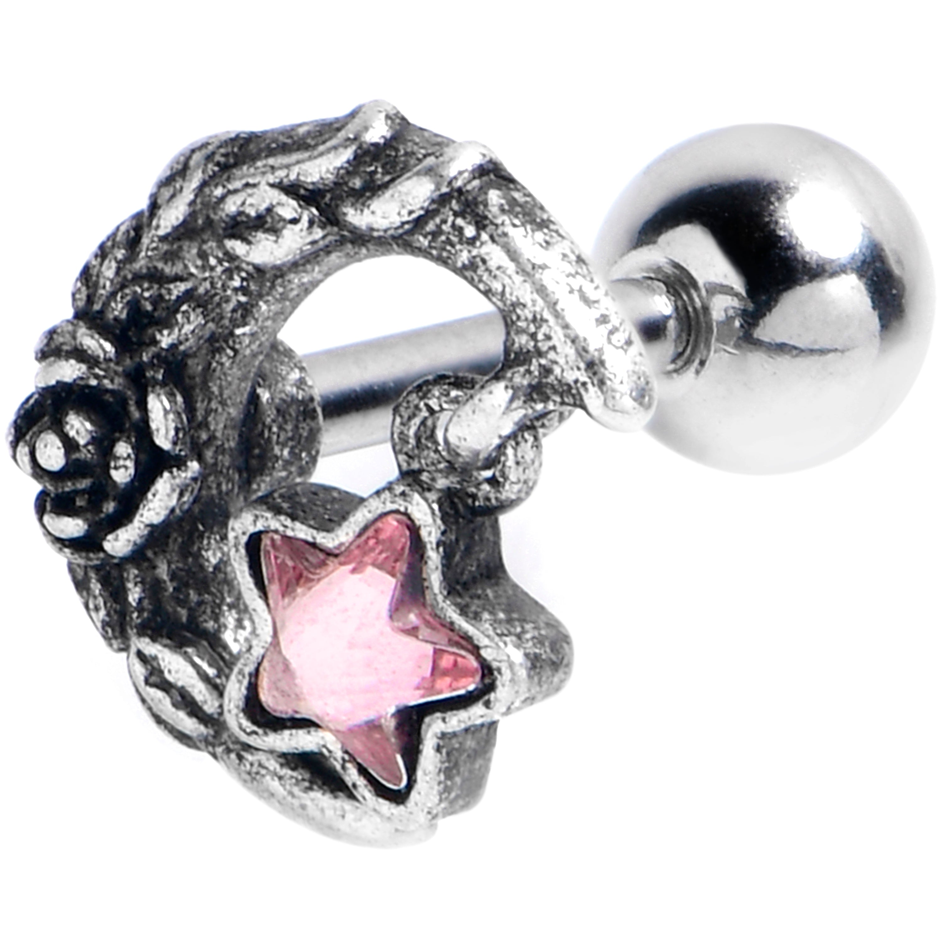 16G 1/4 Pink Gem Ornate Moon Star Cartilage Tragus Earring