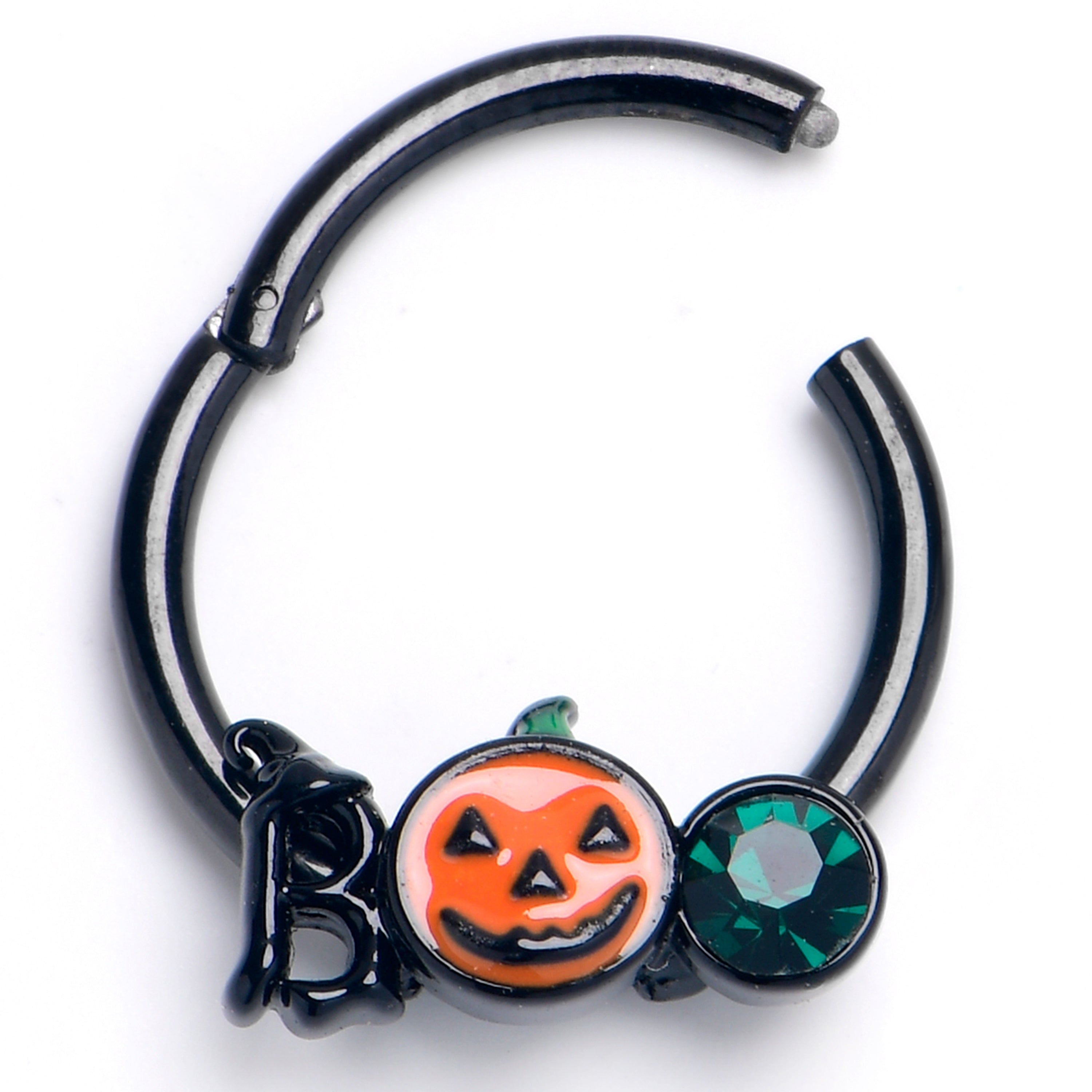 16G 3/8 Green Gem Black Boo Halloween Hinged Segment Ring