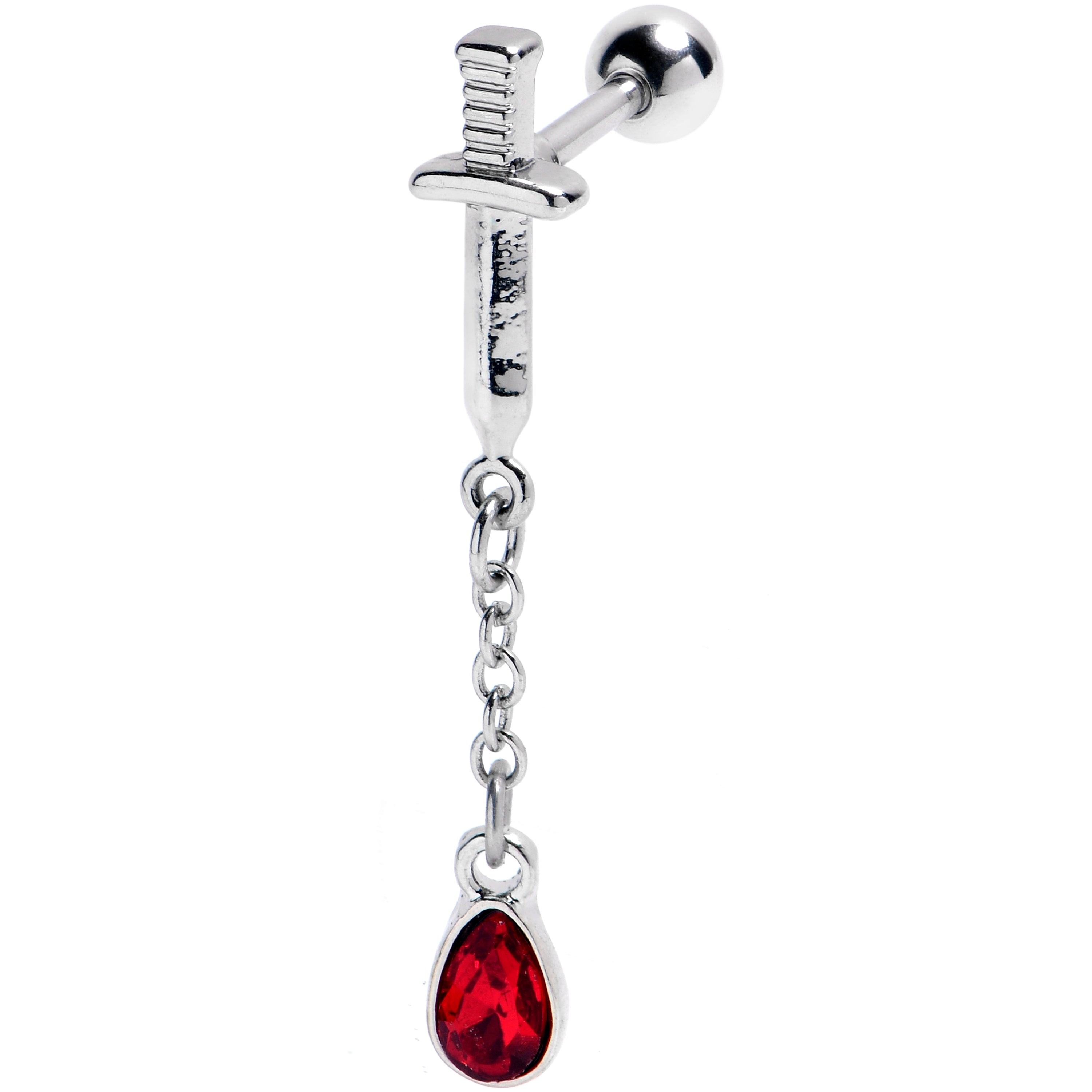 16G 1/4 Red Gem Bloody Dagger Dangle Cartilage Tragus Earring