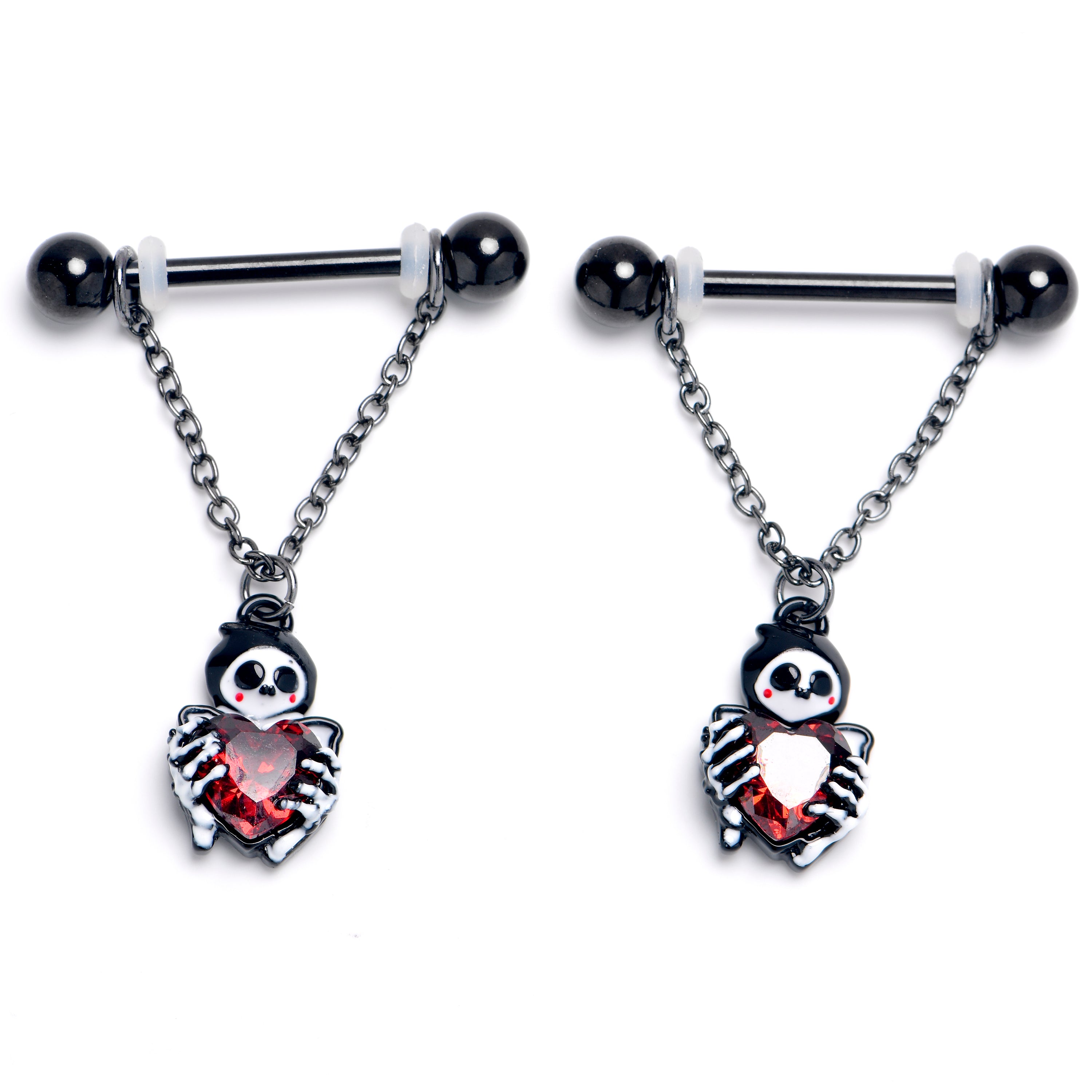 14G 9/16 Red CZ Gem Black Skeleton Hearts Dangle Nipple Ring Set