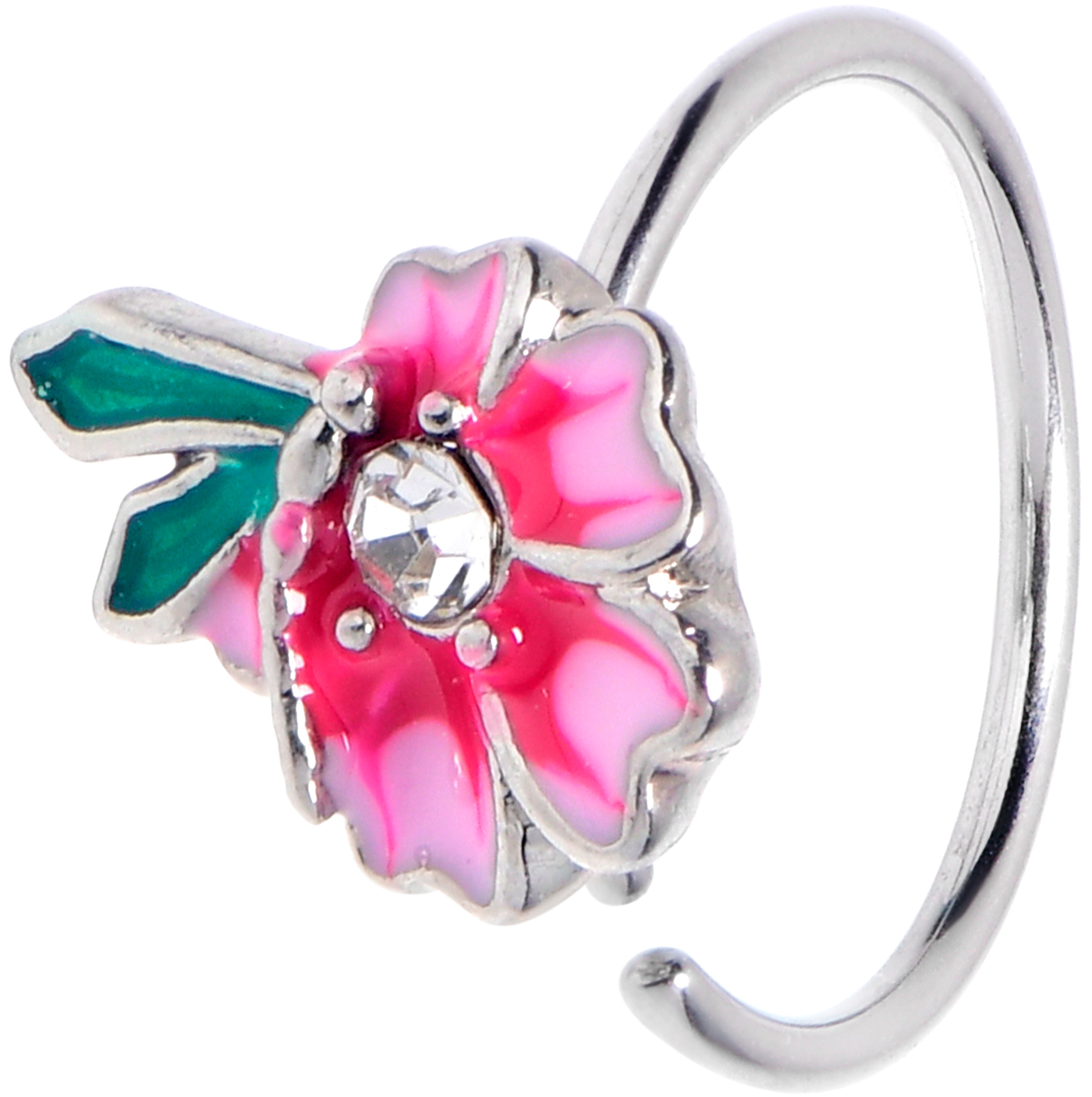 20G 5/16 Clear Gem Faerie Flower Pink Nose Hoop