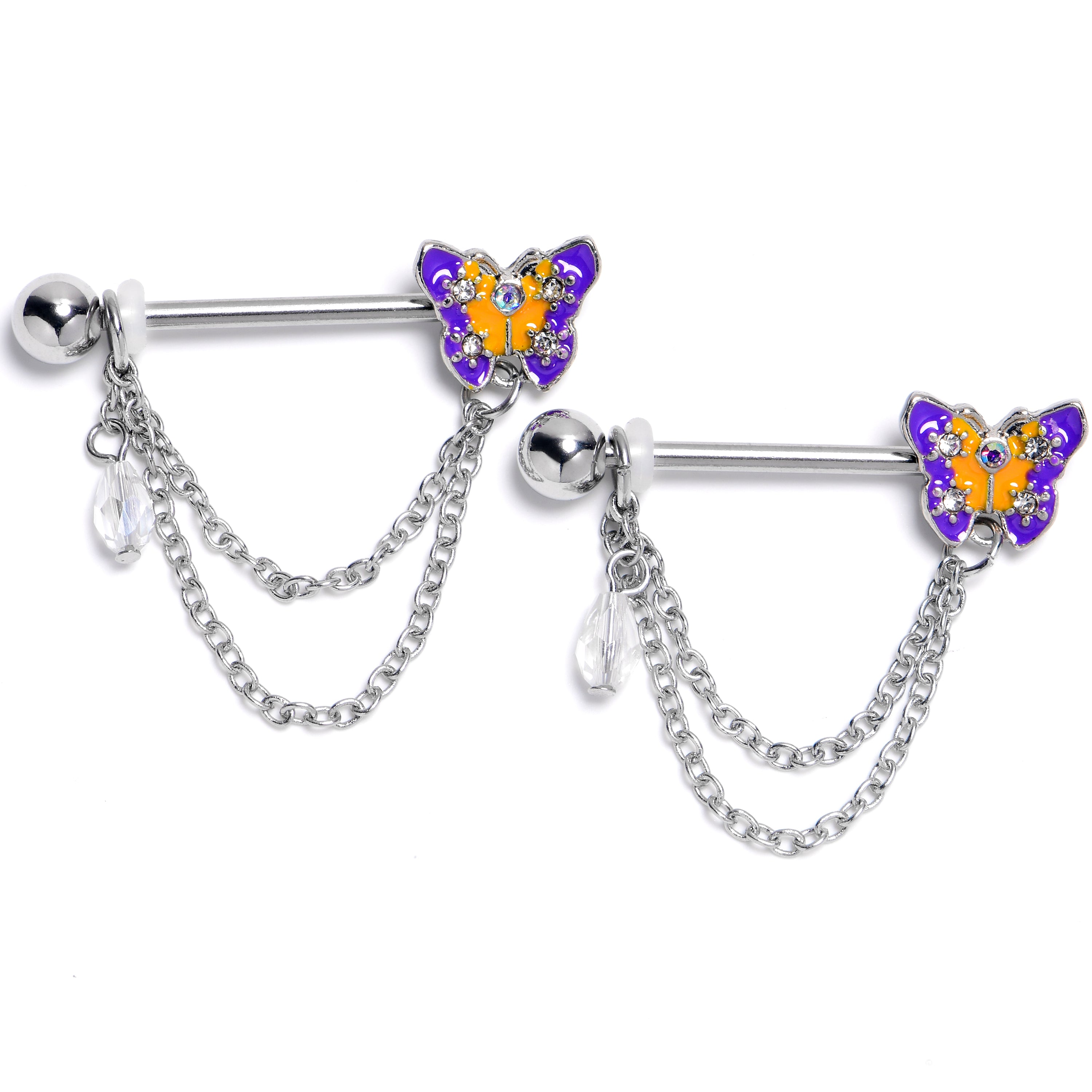 14G 9/16 Clear Gem Purple Yellow Butterfly Dangle Nipple Ring Set