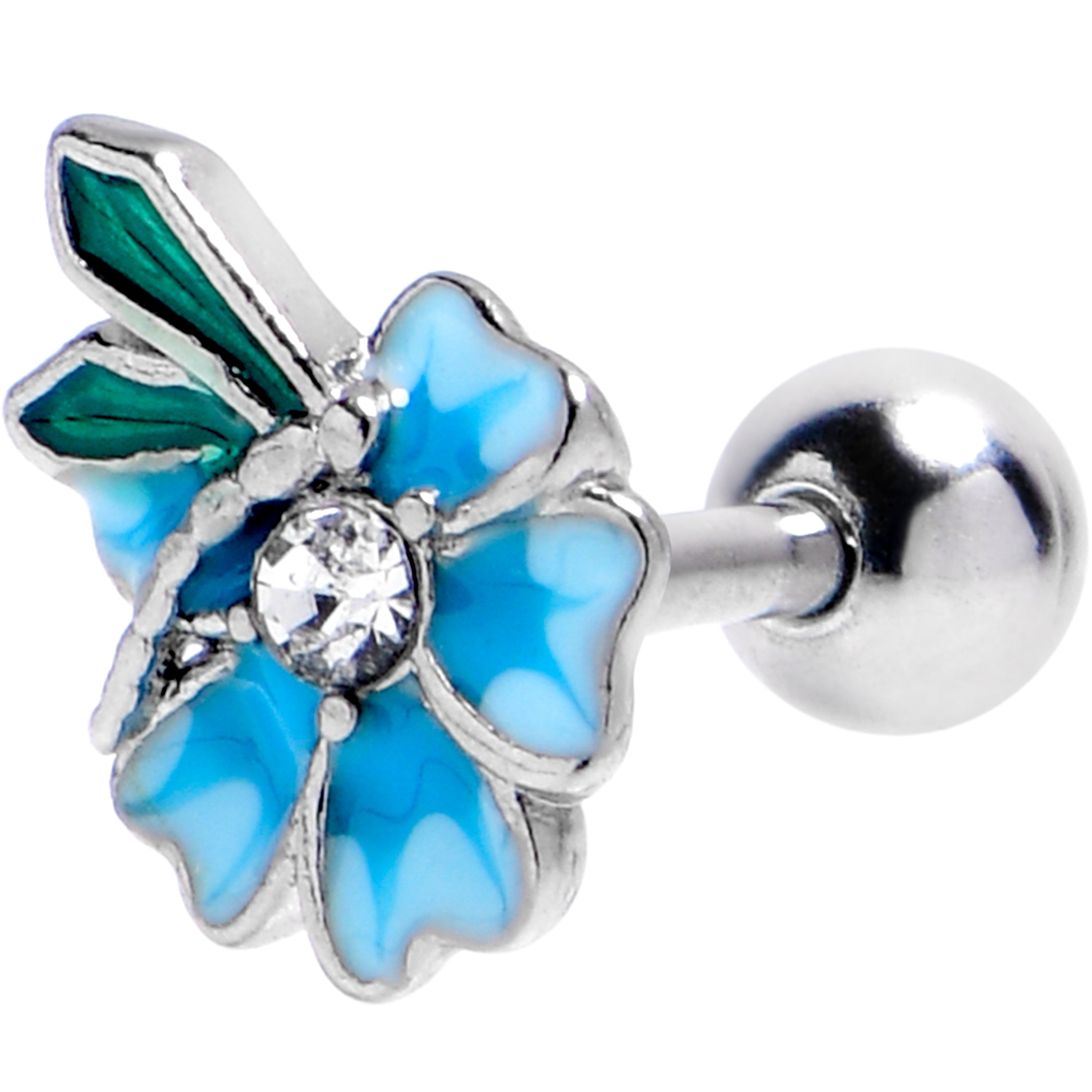 16G 1/4 Clear Gem Faerie Flower Blue Cartilage Tragus Earring