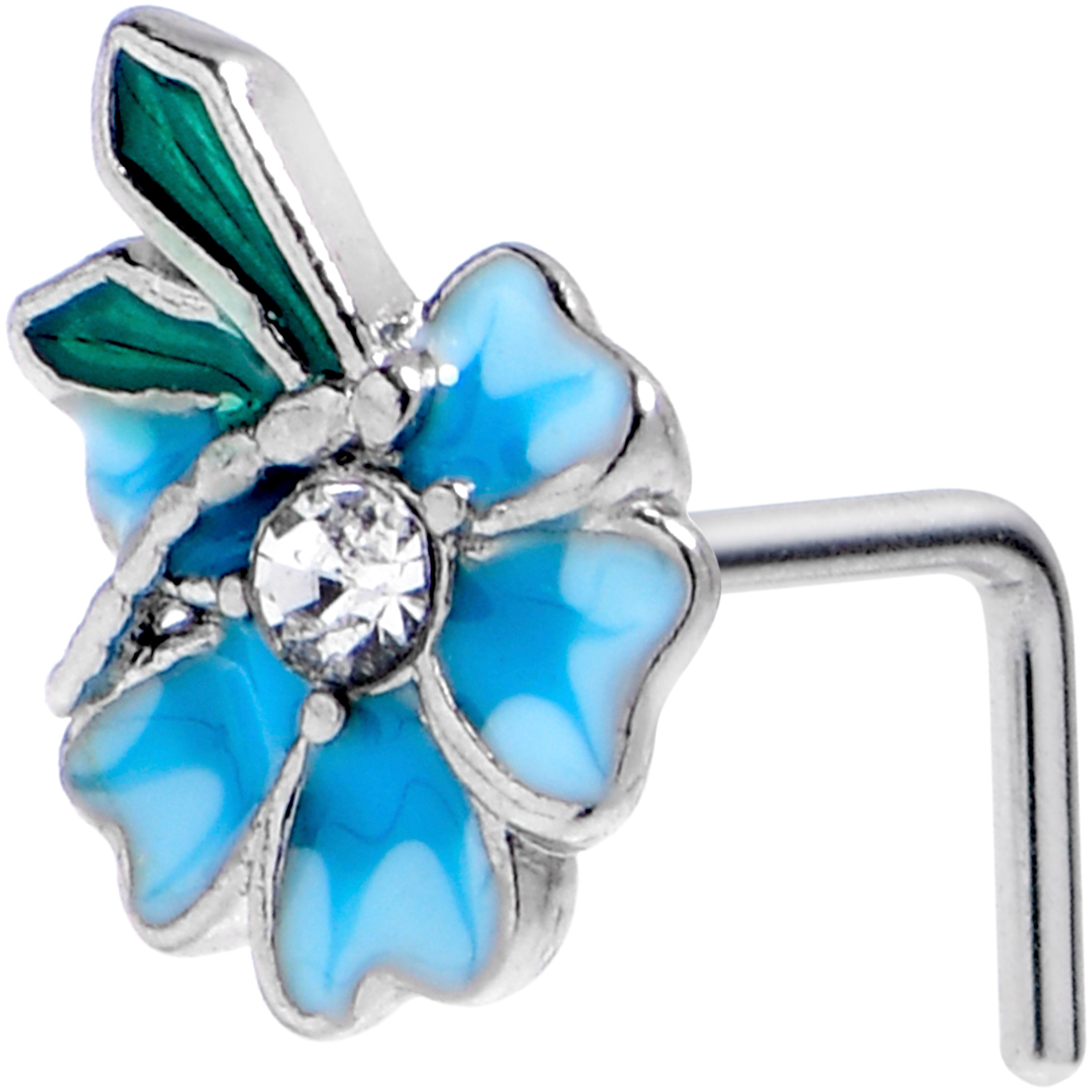 20G 1/4 Clear Gem Faerie Flower Blue L Shape Nose Ring