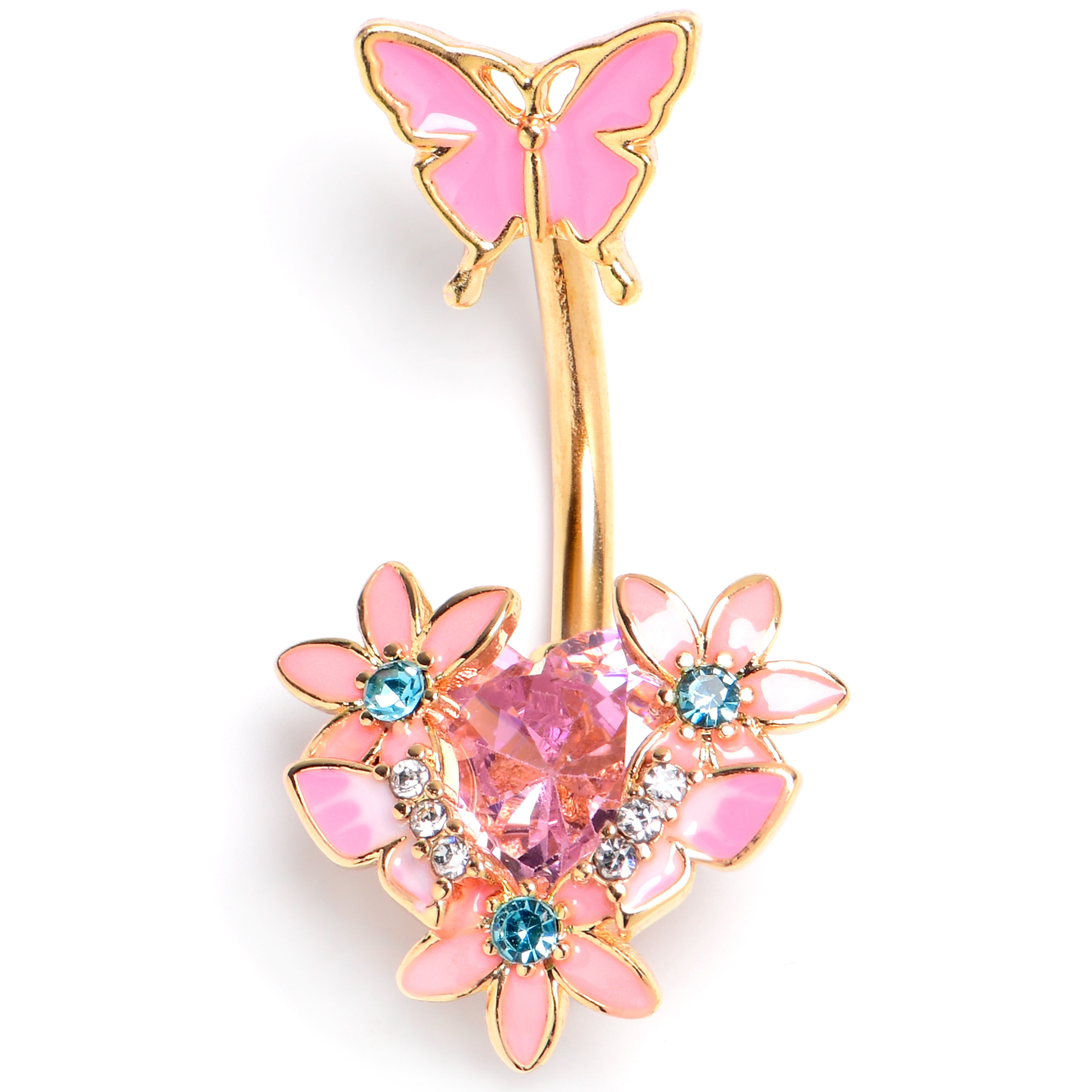 Blue Pink Clear Gem Gold Tone Butterfly Flowers Double Mount Belly Ring