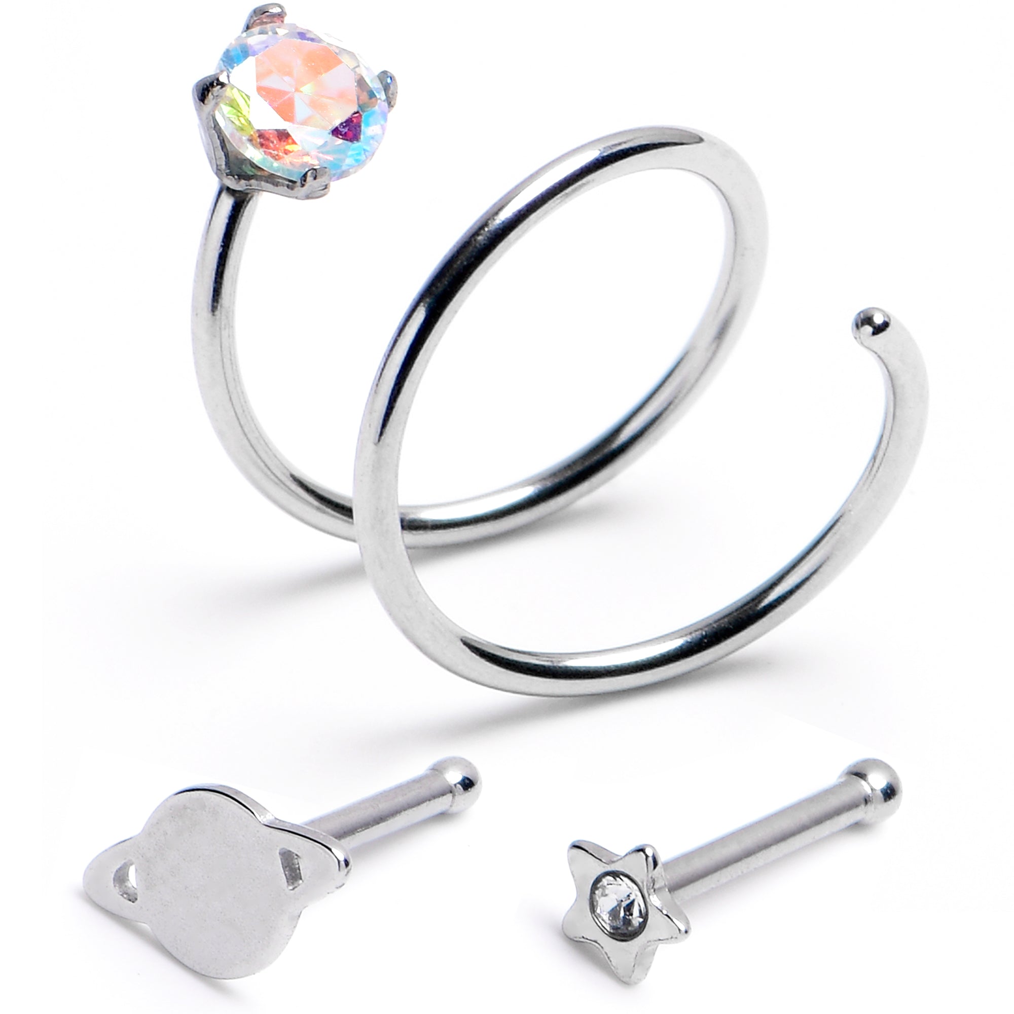 20G Clear Aurora Gem Spiral Saturn Star Nose Bone Set of 3