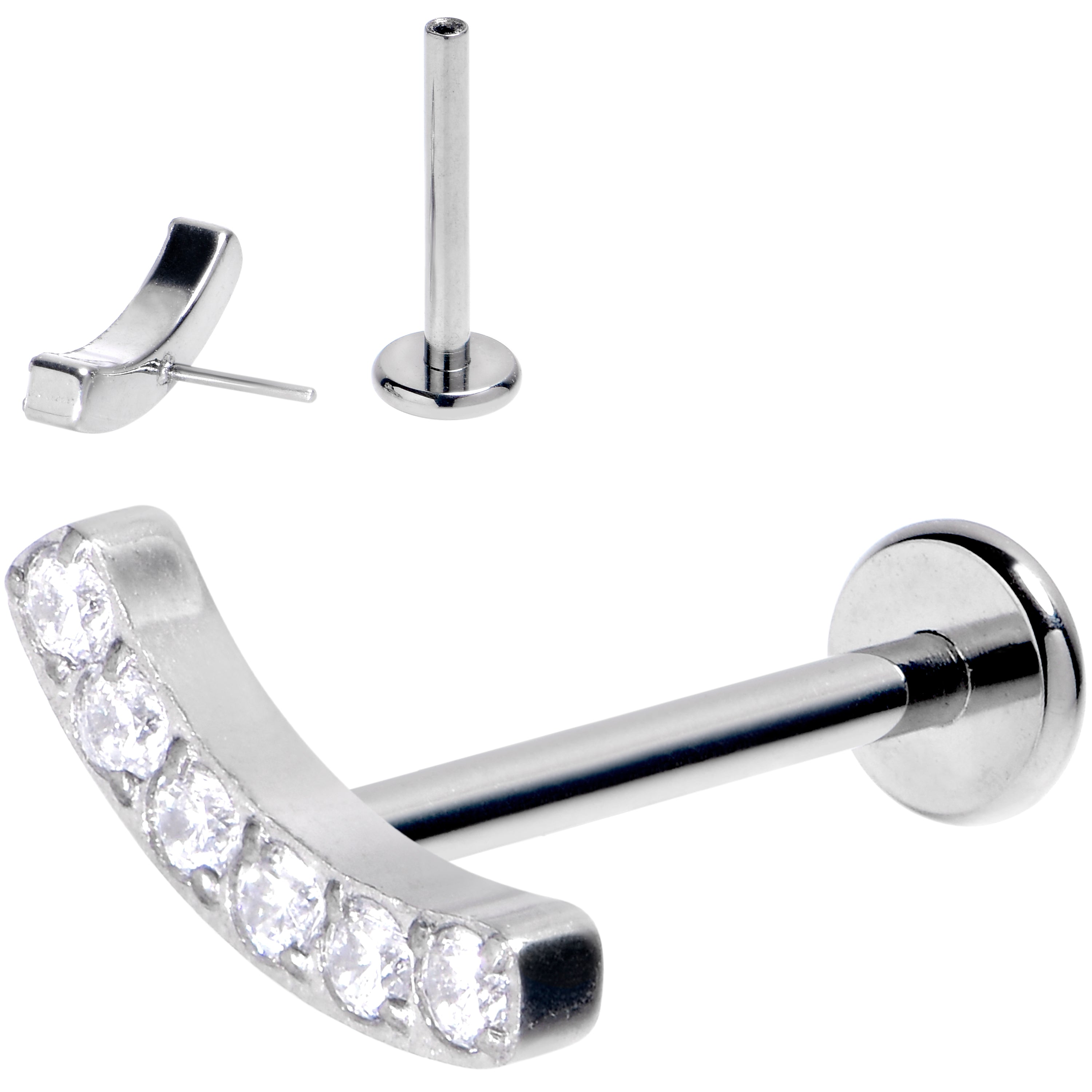 16G 3/8 Clear Gem Arc Grade 23 Titanium Threadless Push In Labret Tragus