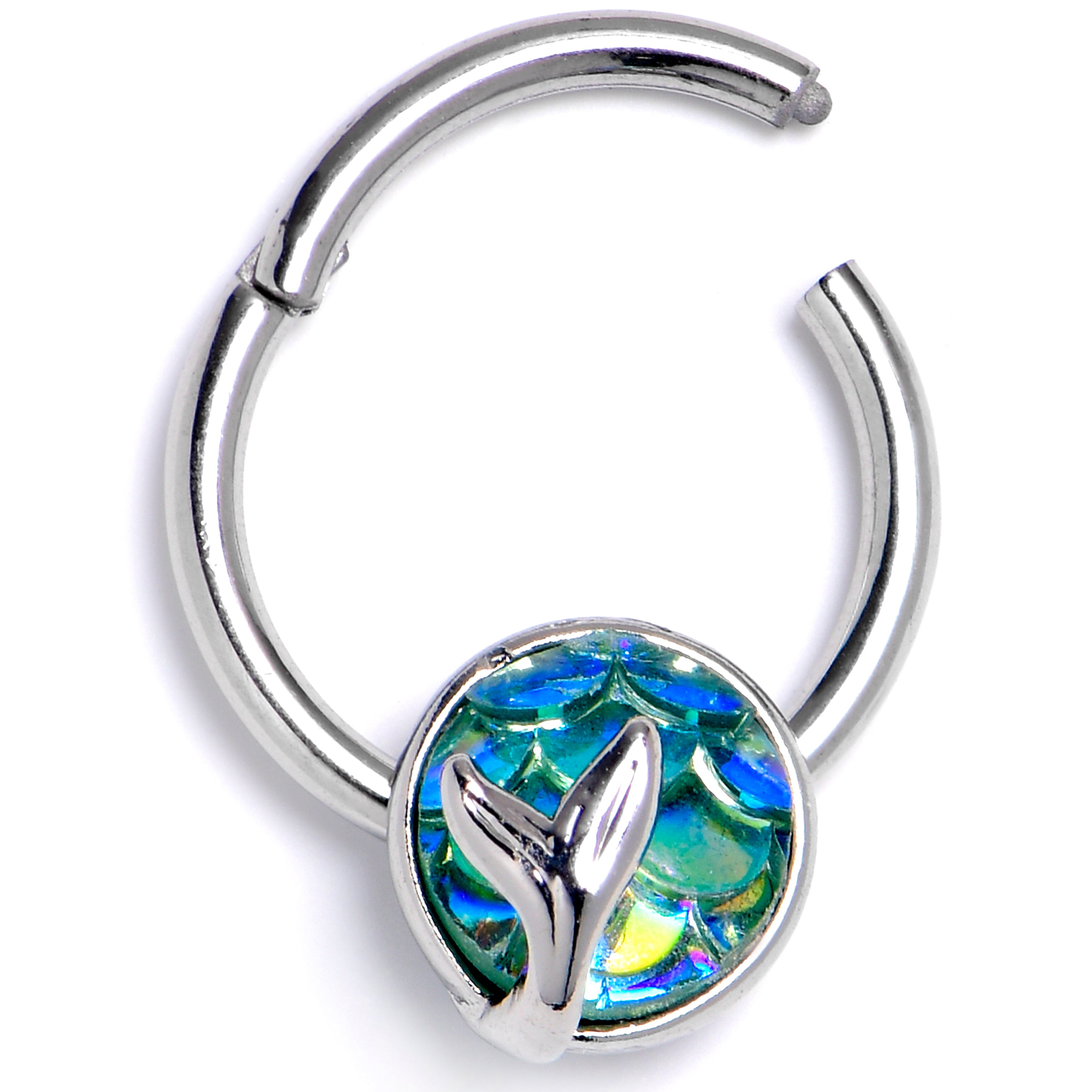 16G 3/8 Mermaid Light Blue Scale Tail Hinged Segment Ring