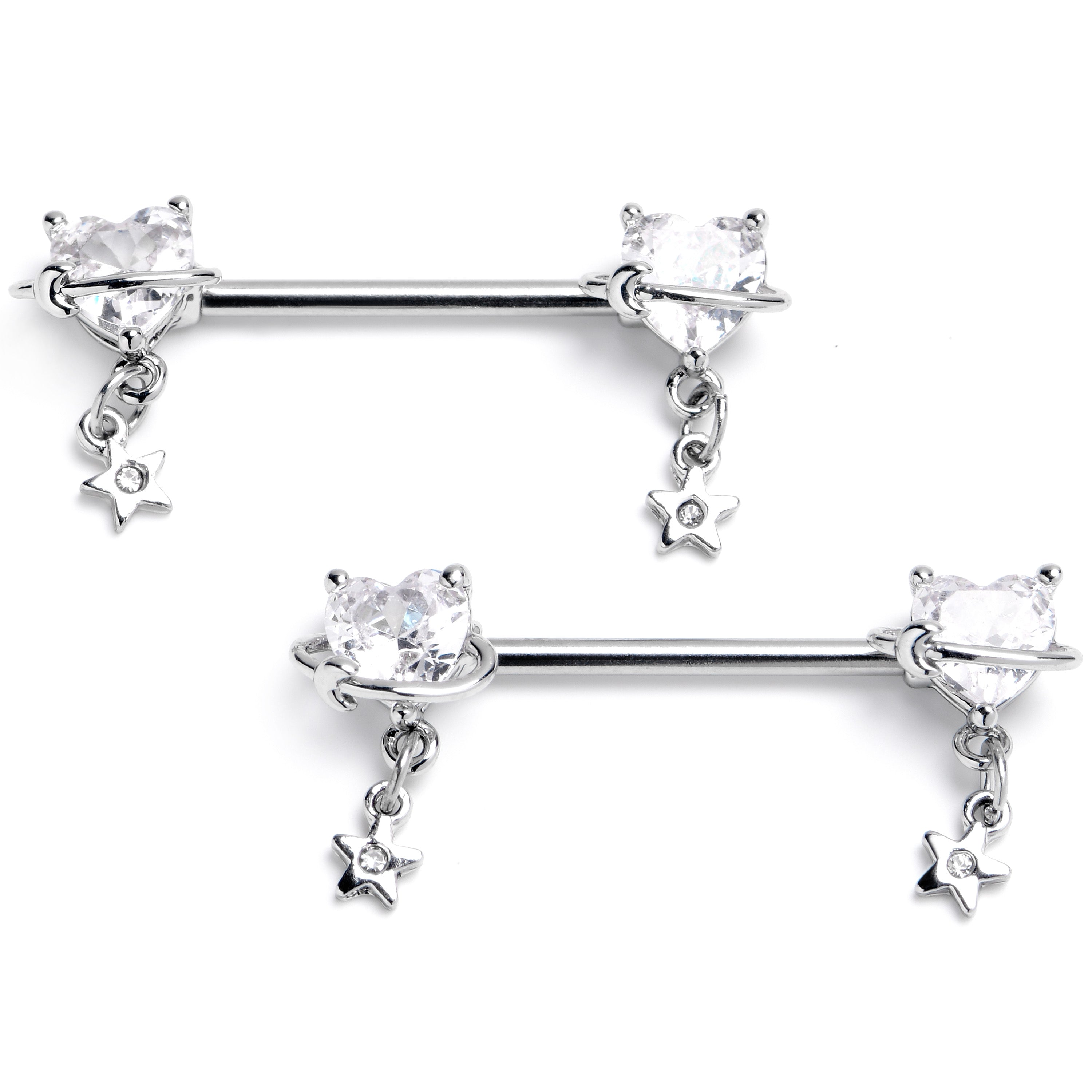 14G 9/16 Clear CZ Heart Starry Saturn Dangle Nipple Ring Set
