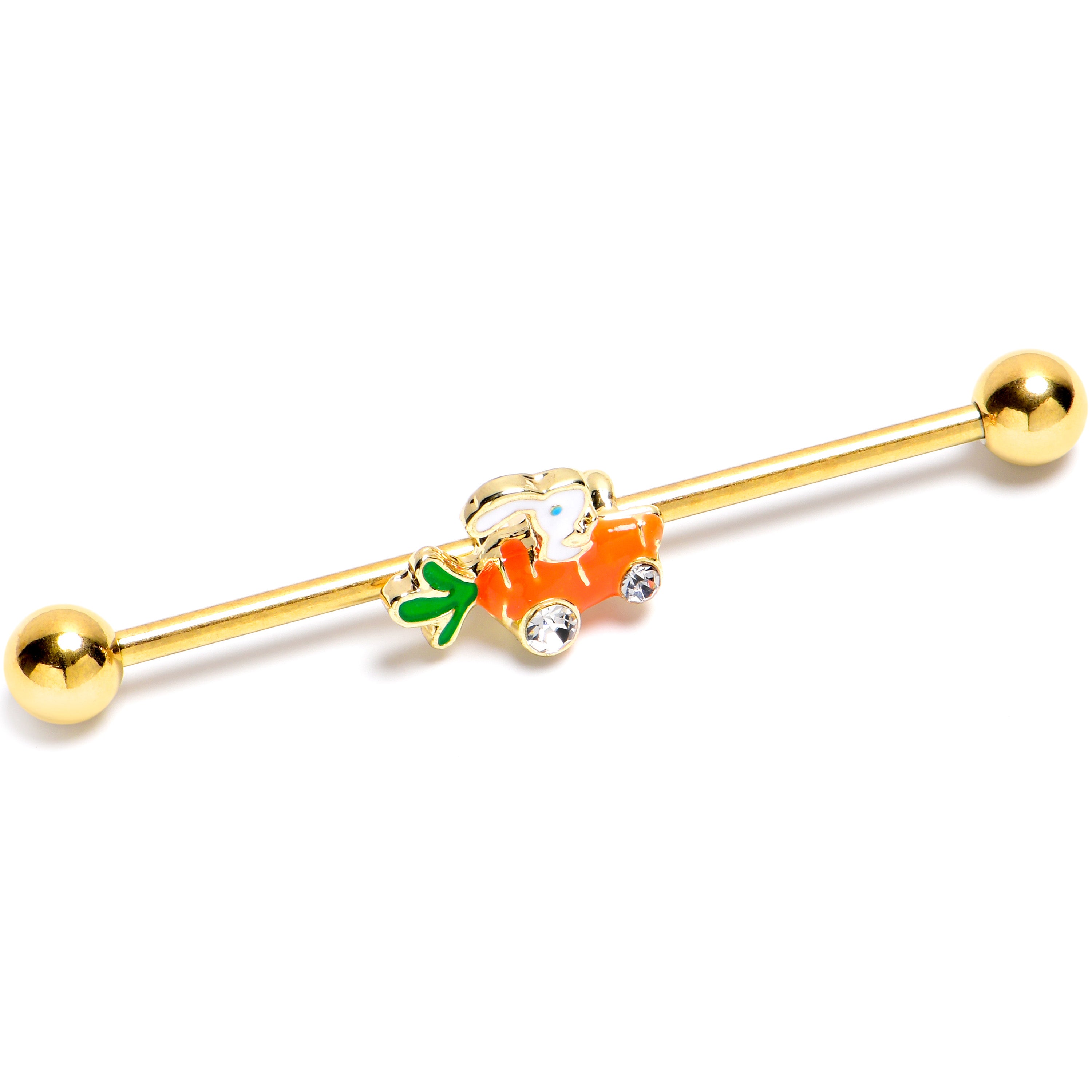 14G Clear Gem Gold Tone Rabbit Carrot Car Industrial Barbell 38mm