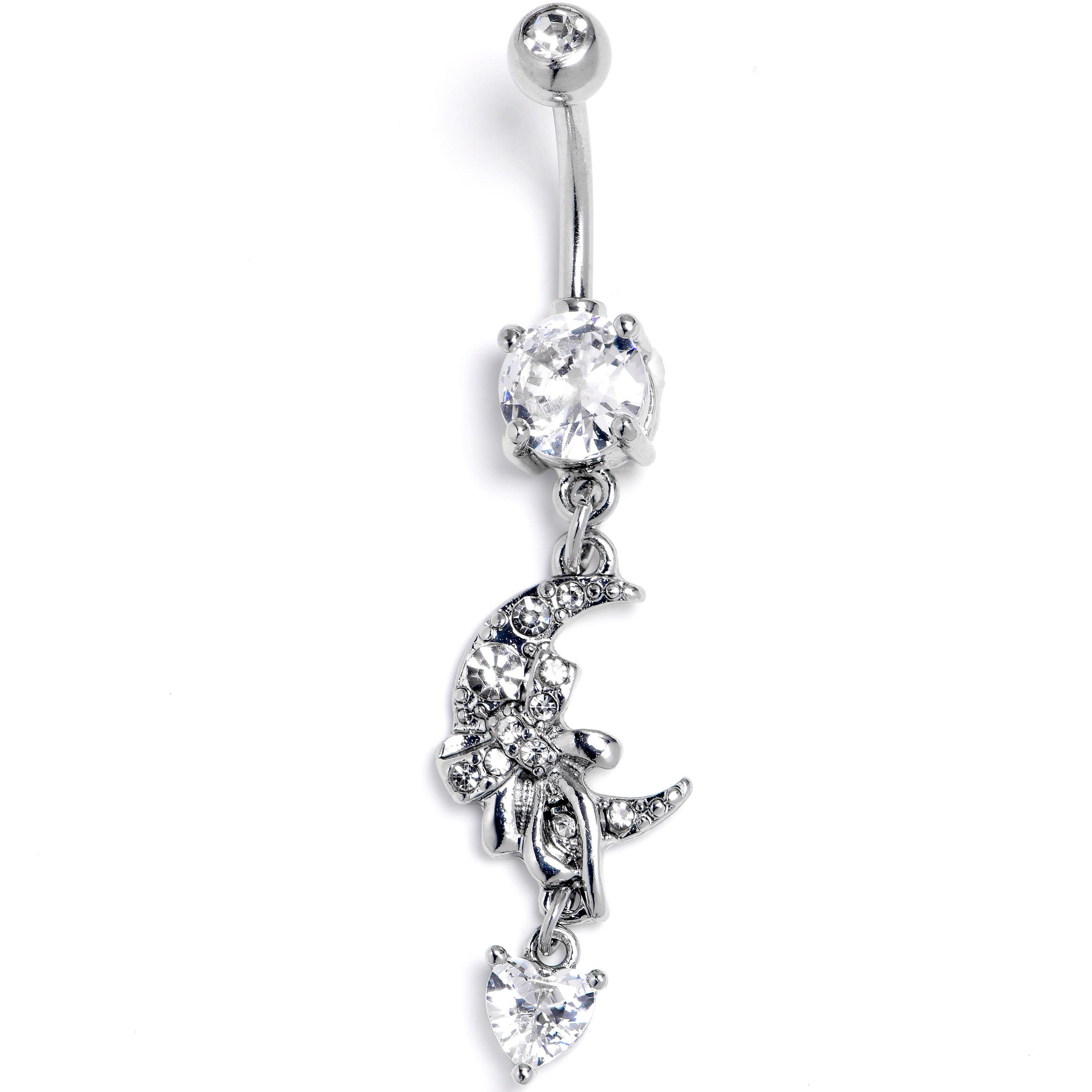 Clear CZ Gem Moon Bow Heart Dangle Belly Ring